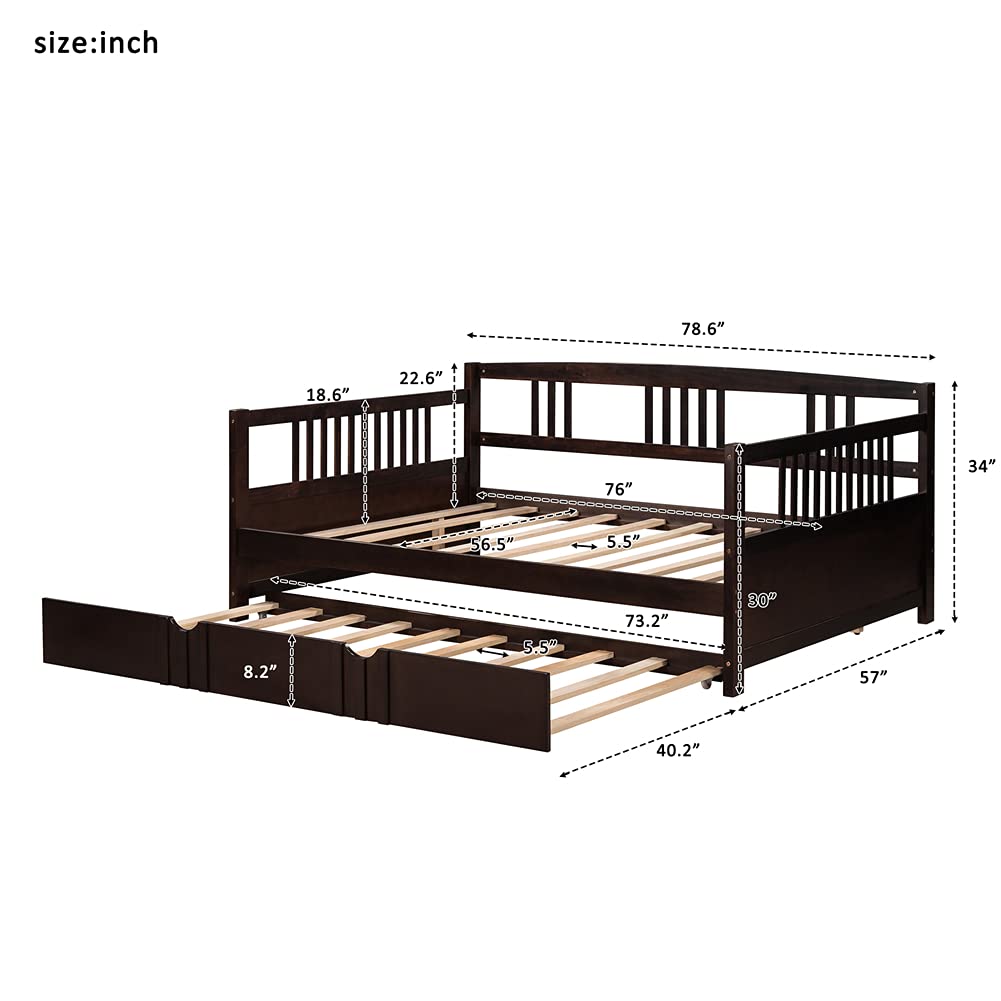 Kids Daybed Sofa Bed with Pull-Out Trundle - Pinewood Frame with Guardrails & Wood Slats - Full Size Espresso Finish - Perfect for Sleepovers, Guest Rooms & Small Spaces
