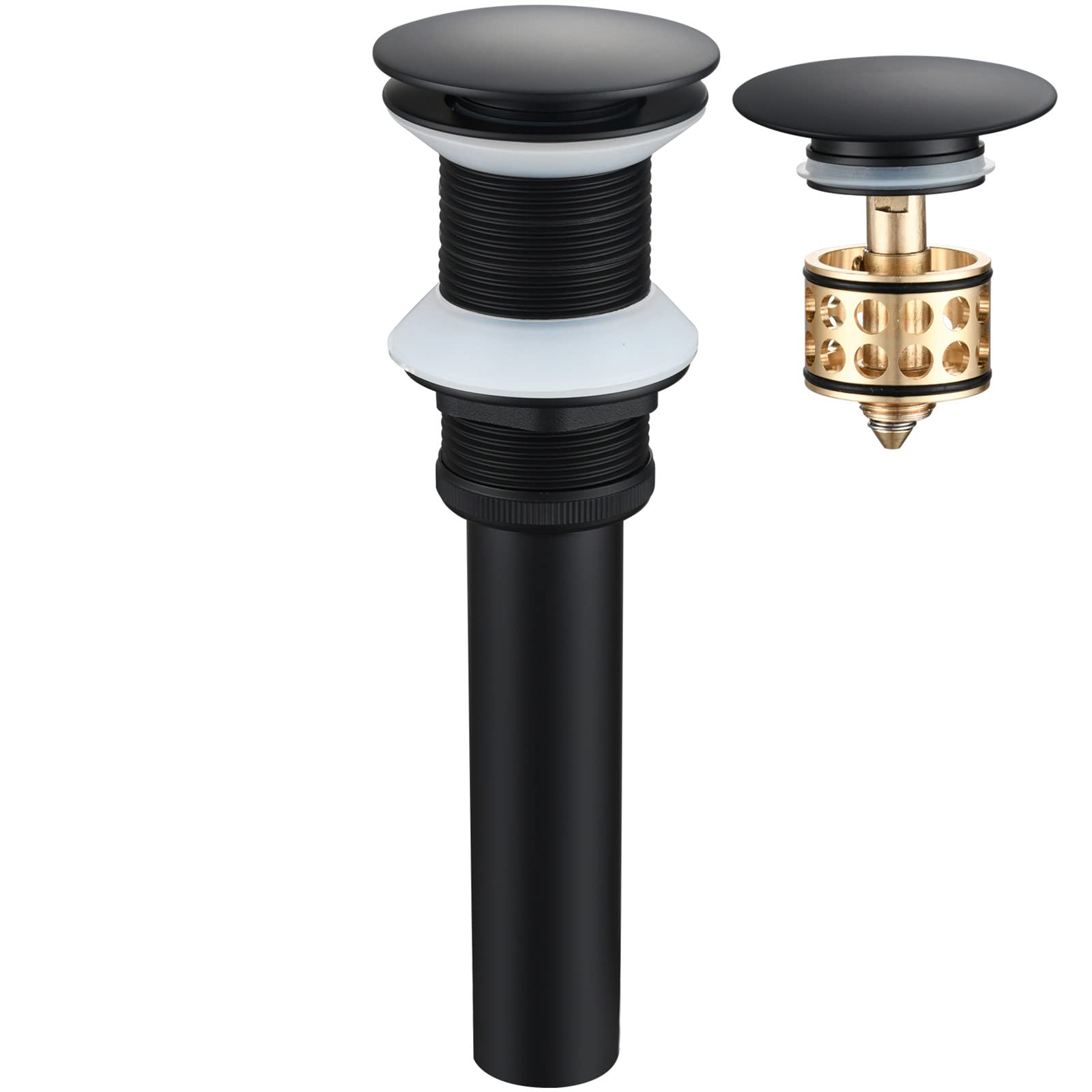 Premium Brass Pop-Up Sink Drain with Removable Strainer - No Overflow Bathroom Drain Stopper for Vessel & Vanity Sinks - Black Finish - Ideal for Kitchen & Bathroom Sink Installation