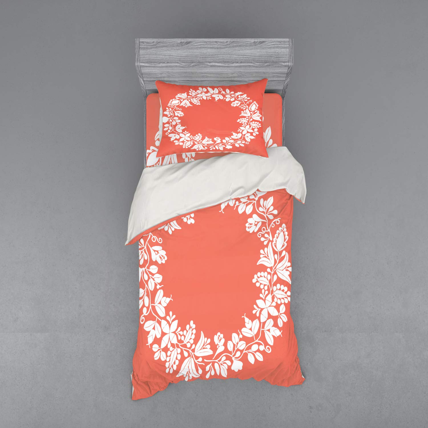 Ambesonne Spring Floral Botanical Bedding Set - 3 Piece Duvet Cover with Sham & Fitted Sheet, Twin XL, Salmon & White Monochrome Wreath Design - Perfect for Spring Refresh, Guest Room Makeover & Cozy Bedroom Decor