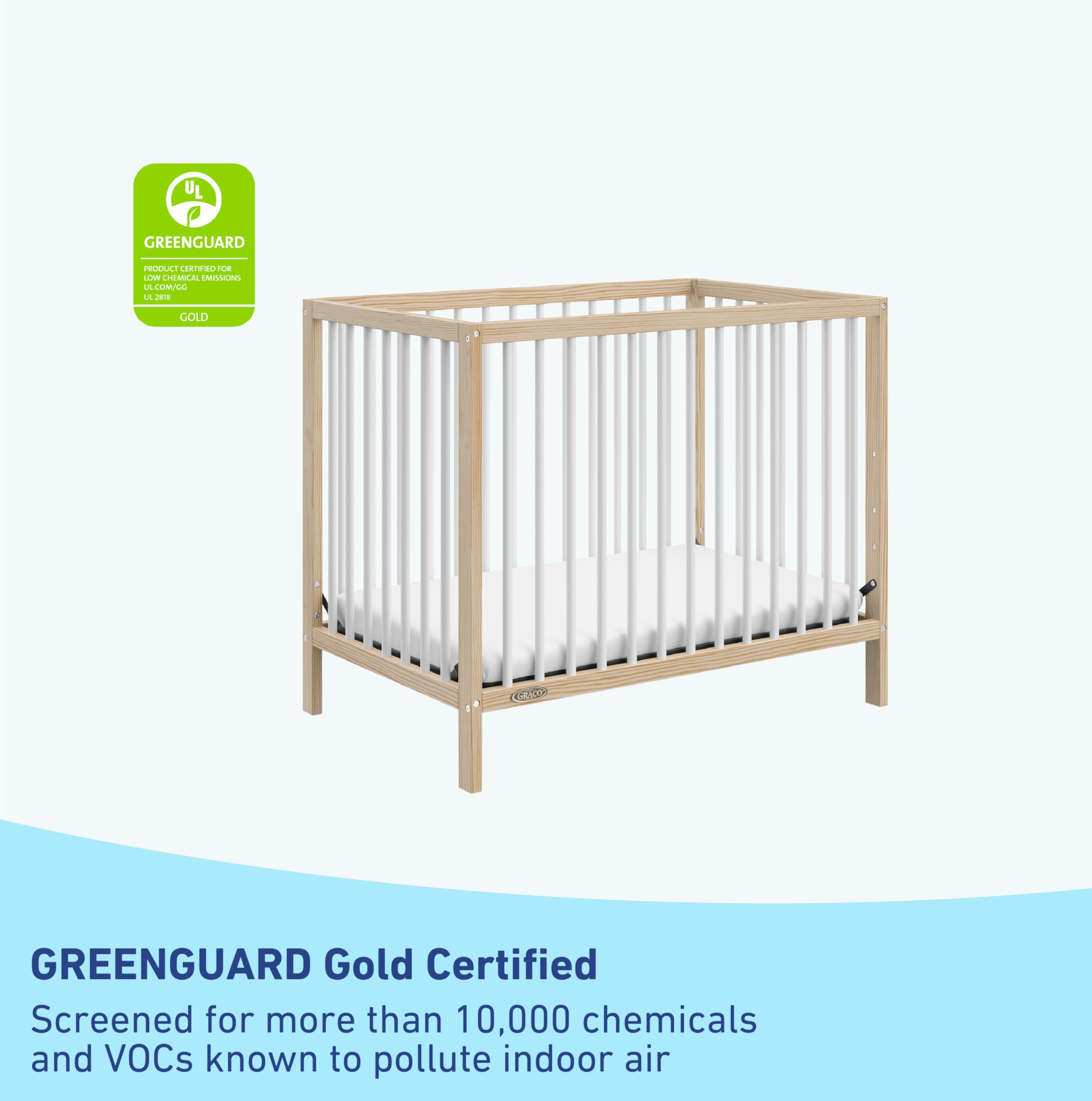 Graco Teddi 4-in-1 Convertible Mini Crib with Water-Resistant Mattress – GREENGUARD Gold Certified, Natural & White Finish, 2.75-Inch Mattress Included, Space-Saving Design, Easy 30-Minute Assembly – Perfect for Small Nurseries, Apartments & Travel