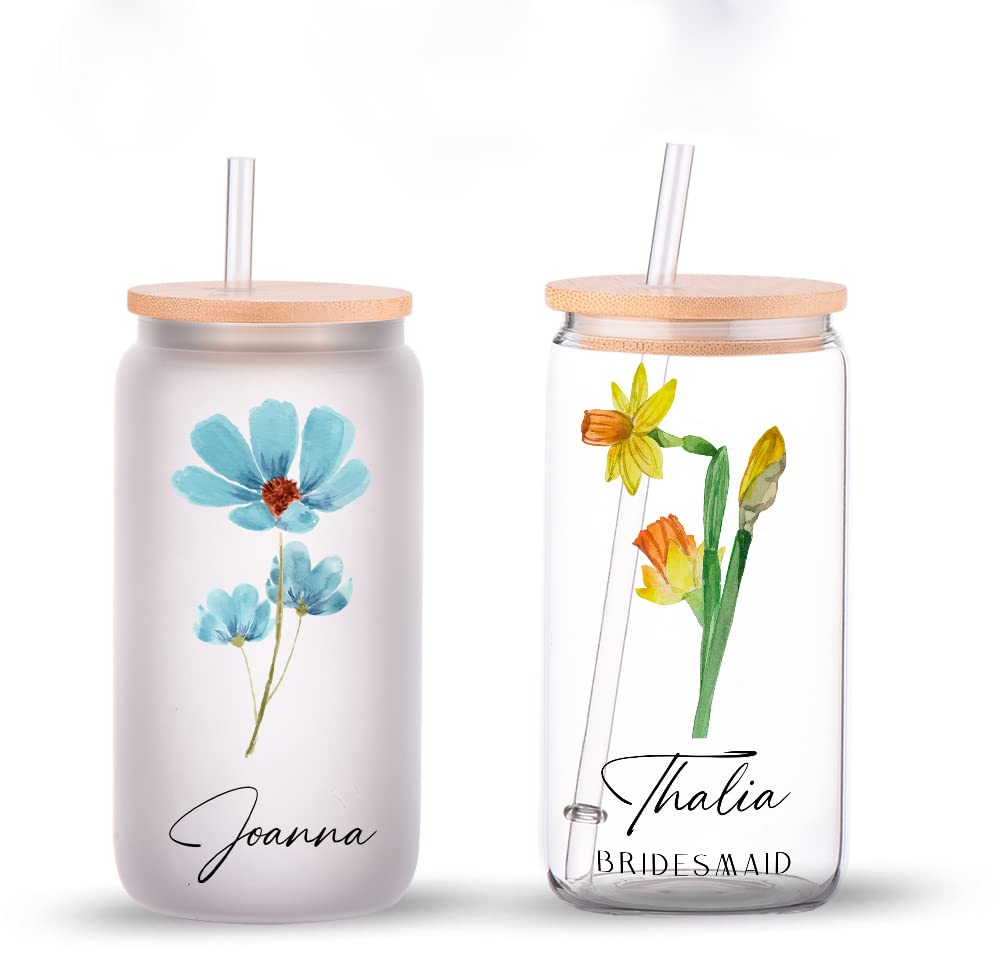 Personalized Birth Month Flower Glass Tumbler - Custom Bridesmaid Gift, Maid of Honor Present, Mother's Day Gift Idea - Frosted Bamboo Lid Coffee Cup for Women - Perfect for Weddings, Showers & Daily Use