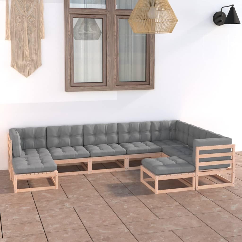 vidaXL 9-Piece Solid Pinewood Patio Lounge Set with Gray Cushions - Durable Outdoor Furniture for Garden, Poolside & Backyard - Perfect for Relaxing, Napping & Social Gatherings