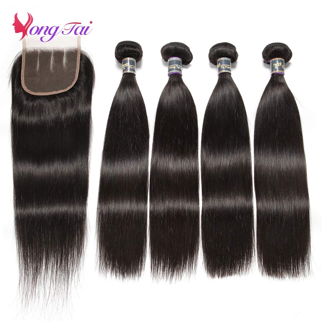 100% Malaysian Straight Virgin Hair Bundles with 3 Part Lace Closure - 12 14 16 18 +12.1B Color - 4 Bundles for Natural Look & Volume - Perfect for Daily Styling, Parties & Special Occasions