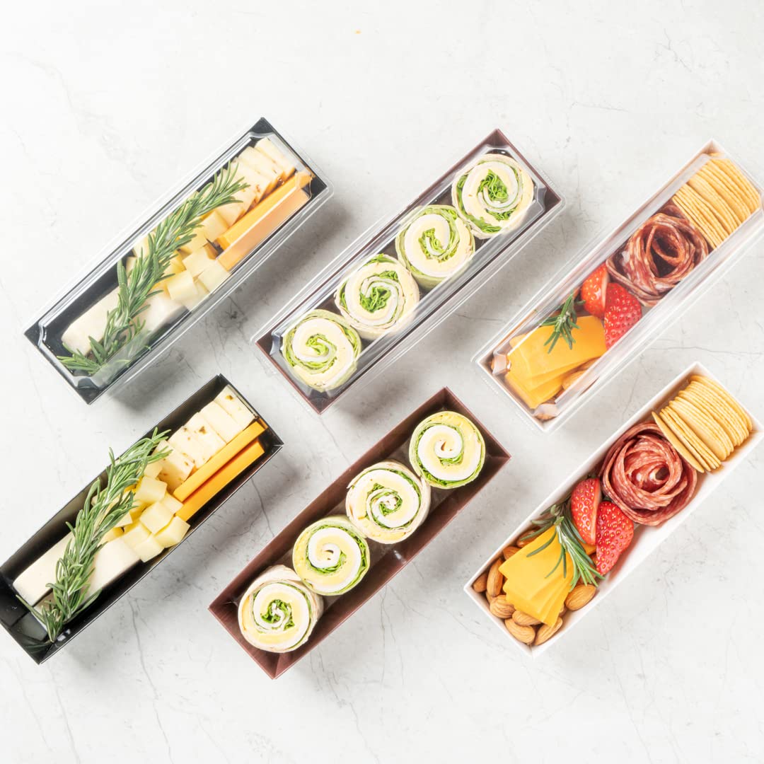 Restaurantware Matsuri Vision 6.5 x 1.7 x 1.4 Inch Disposable Sushi Trays - 100 Greaseproof Wood Grain Paper Sushi Containers for Appetizers, Desserts & Takeout (Lids Sold Separately) | Perfect for Japanese Restaurants, Catering & Food Delivery