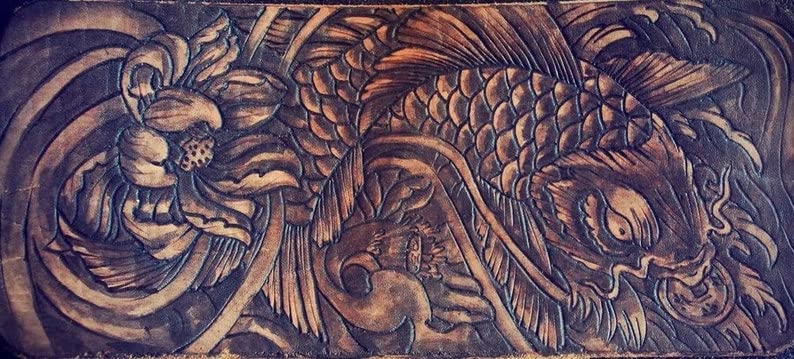 Handmade 3D Genuine Leather Men's Bifold Wallet - Custom Carved & Tooled with Japanese Hokusai Prosperity Carp Design - Perfect for Gifts, Business & Everyday Use