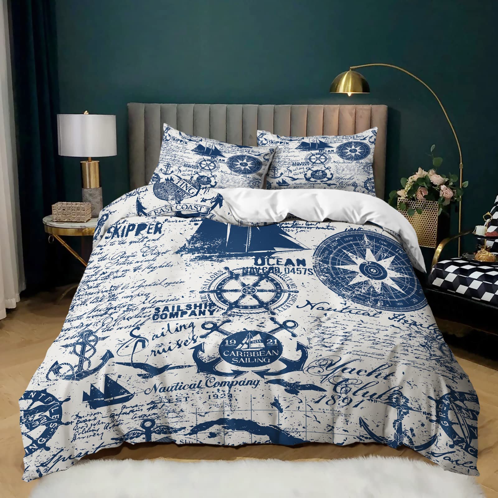 AILONEN Nautical Anchor Duvet Cover Twin Size - Ocean Themed Bedding Set for Boys & Girls | Kids Sea World Comforter Cover with 16 Pillow Shams & Zipper Closure | Perfect for Coastal Bedroom Decor & Kids' Room Themes