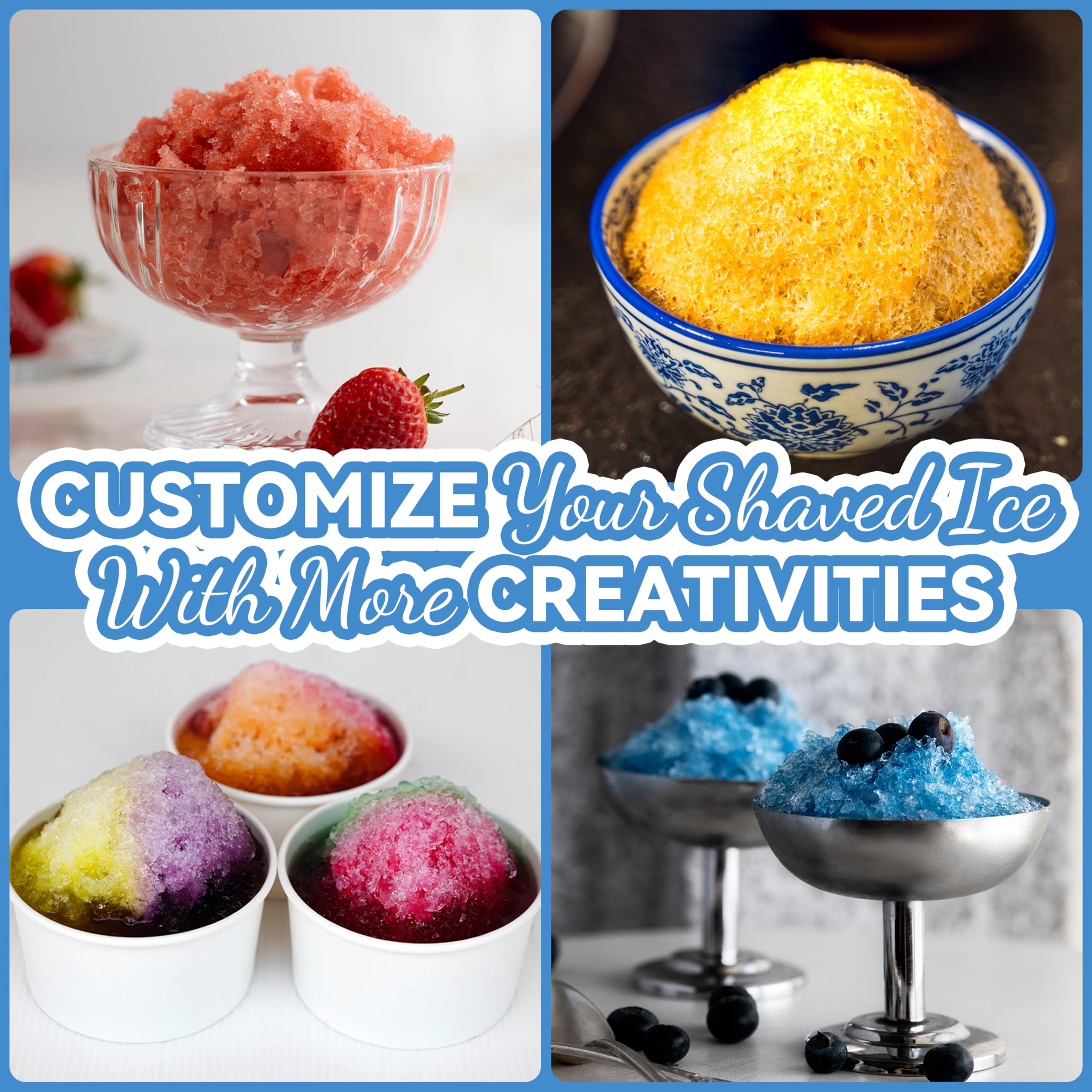 Manual Ice Shaver Machine - Portable Snow Cone Maker & Ice Crusher with 10 Cups, 10 Spoons, Straws & Recipe Book (Blue) - Perfect for Home Parties, Summer Treats & DIY Frozen Desserts