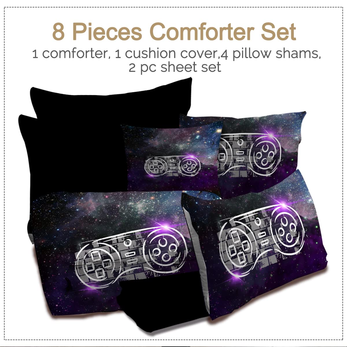 **BlessLiving Gamer Controller King Bedding Set for Boys - 8-Piece Outer Space Retro Video Game Comforter Set with Sheets, Purple Galaxy Theme | Perfect for Kids' Bedrooms, Gaming Rooms & Sleepovers**