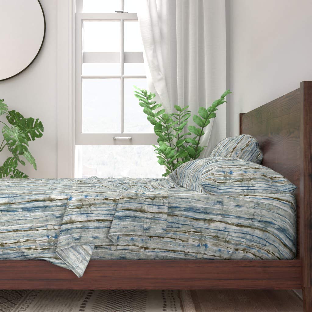 100% Cotton Twin Sheet Set 3pc - Watercolor Blue Abstract Stripes & Rustic Woodgrain Print | Soft Breathable Bedding for Cozy Home Decor | Perfect for Guest Rooms, Dorms & Vacation Homes