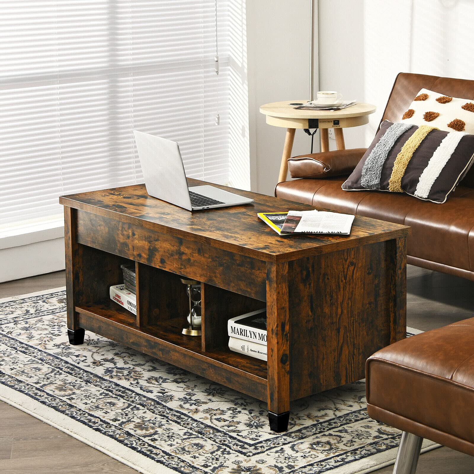 Lift Top Coffee Table with Hidden Storage Compartment & Display Shelves - Rustic Brown Retro Center Table for Living Room, Bedroom, Home & Office - Perfect for Tea Time, Dining, and Extra Storage Space