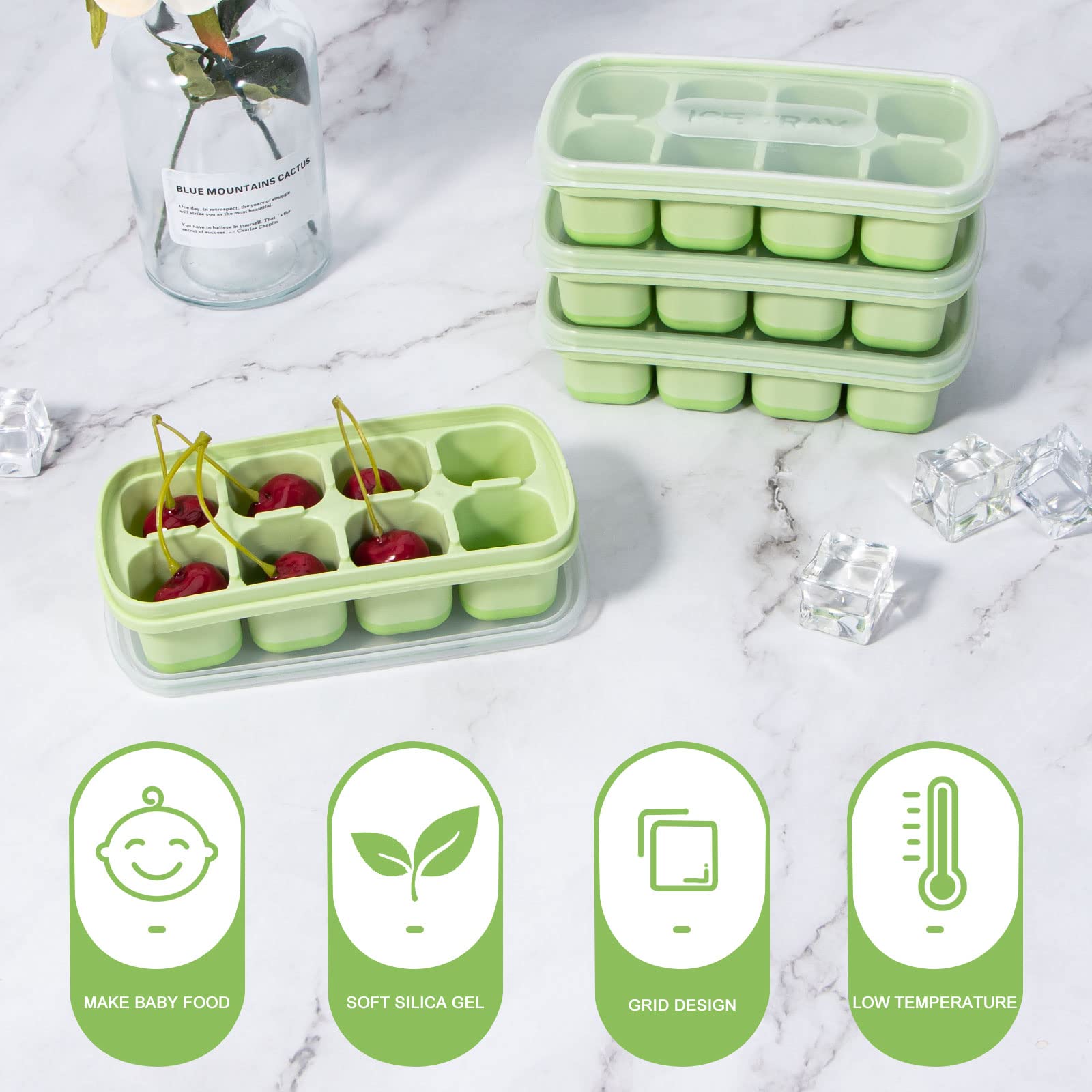Yeeco 4-Pack Mini Silicone Ice Cube Trays with Lid - 5.6”×2.8”×1.4” Small Ice Cube Molds (8 Cubes Each) - Easy Release for Mini Fridge, Cocktails, Whiskey & Beverages - Perfect for Home Bars, Parties & Office Use (Green)