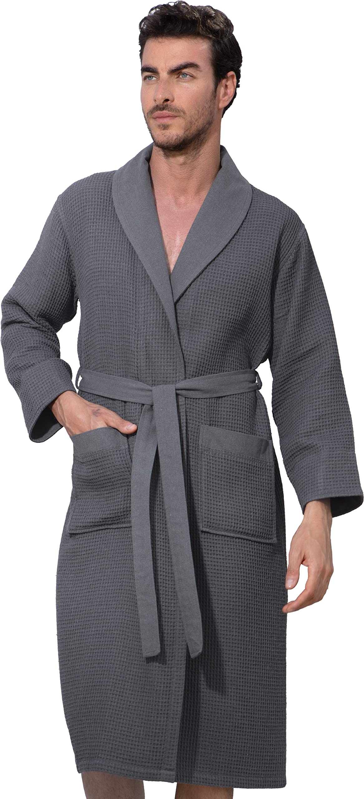 SEYANTE Men's Lightweight Cotton Waffle Weave Robe with Hood - Ultra Soft Full-Length Bathrobe for Spa, Sleepwear & Lounging at Home