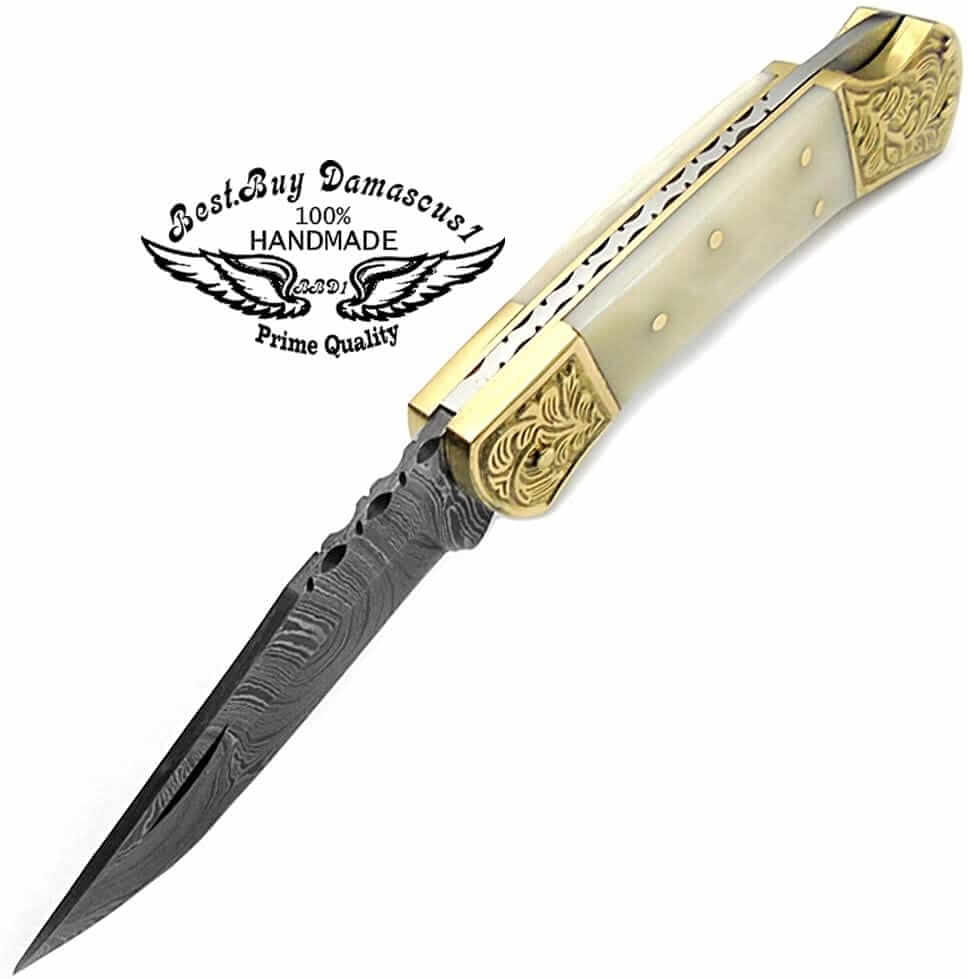 Handmade Damascus Folding Pocket Knife with Camel Bone Handle - 7.5