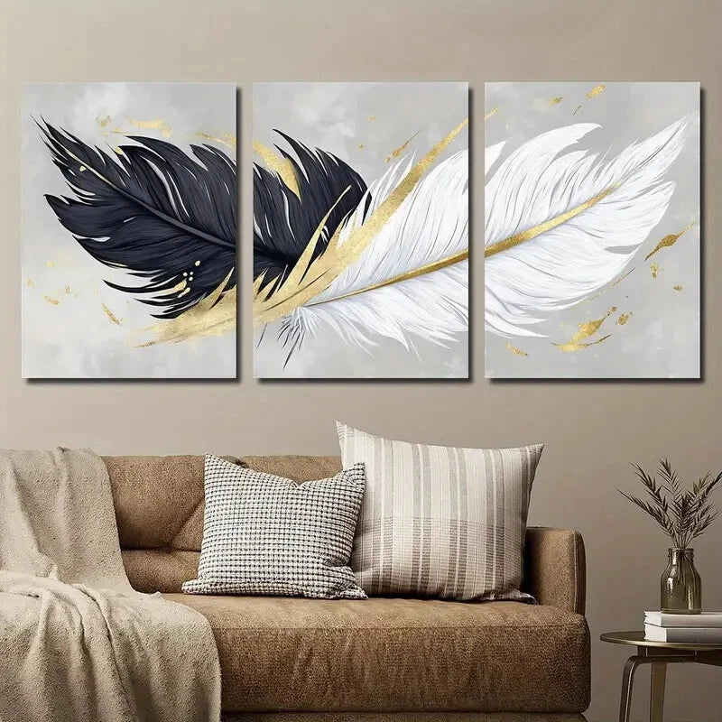 3-Piece Abstract Black White Gold Feather Wall Art Set - Framed Canvas 40x60cm | High Quality Print | 100% Australian Made | Ready to Hang | Perfect for Living Room, Bedroom & Office Decor