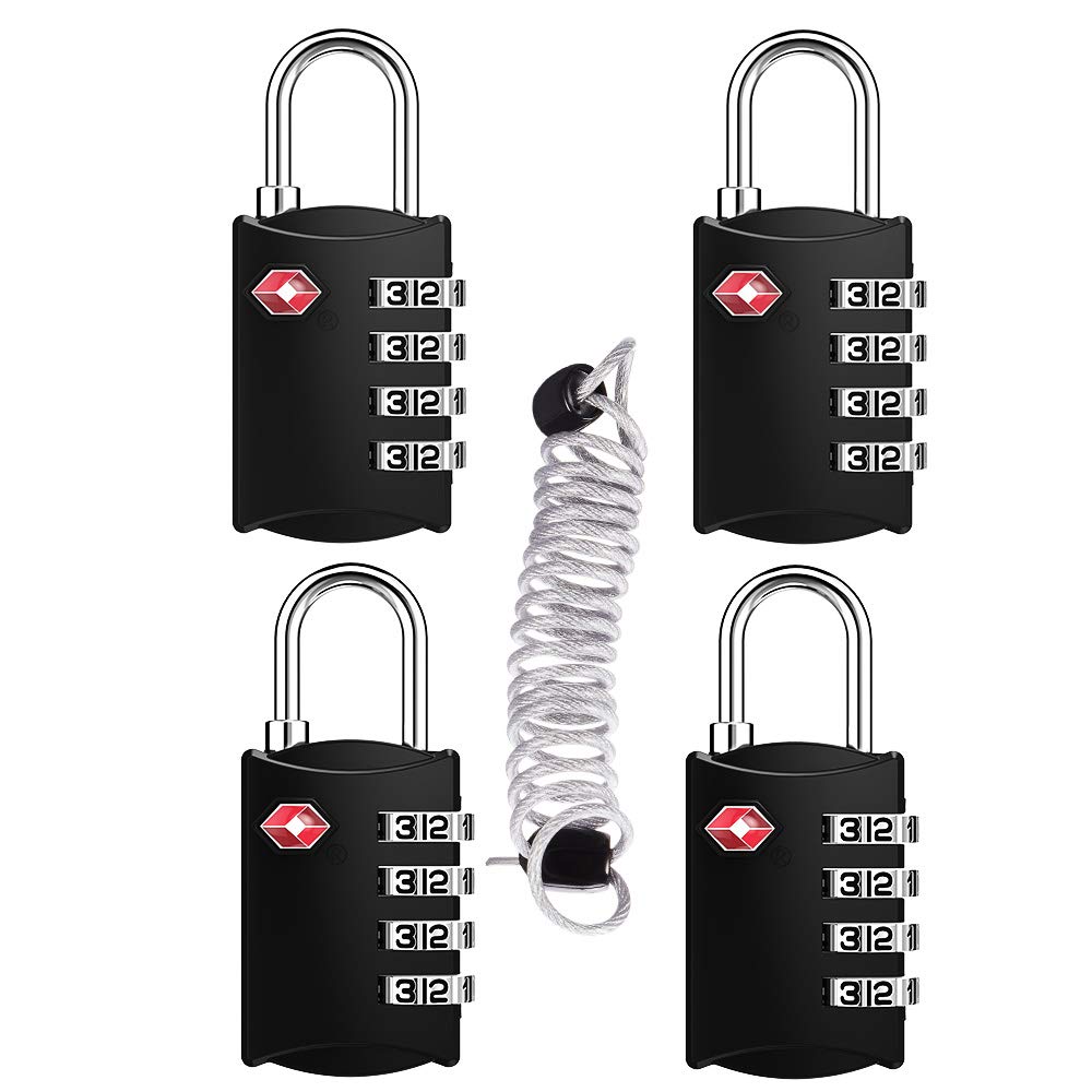 TSA Approved Luggage Lock 4 Pack with Cable - Secure Backpack, Suitcase & Gym Locker - Black Combination Travel Locks (Ideal for Airports, School, Travel & Sports)