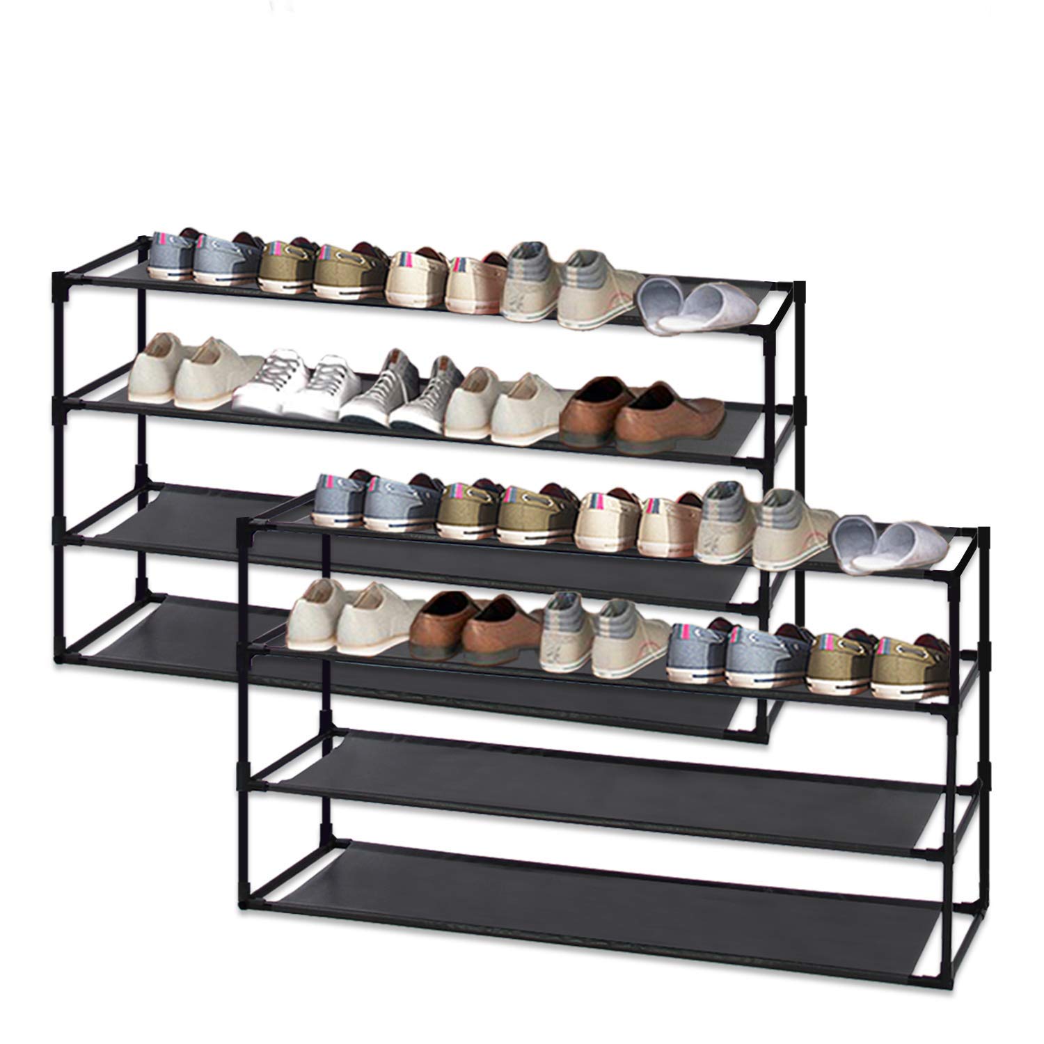 Jerry & Maggie 4-Tier Steel Shoe Rack with Drawer - Free Standing Shoe Storage Shelf & Clothes Organizer | Multi-Functional Space Saving Design for Bedroom, Closet & Entryway | Classic Style (2-Pack)