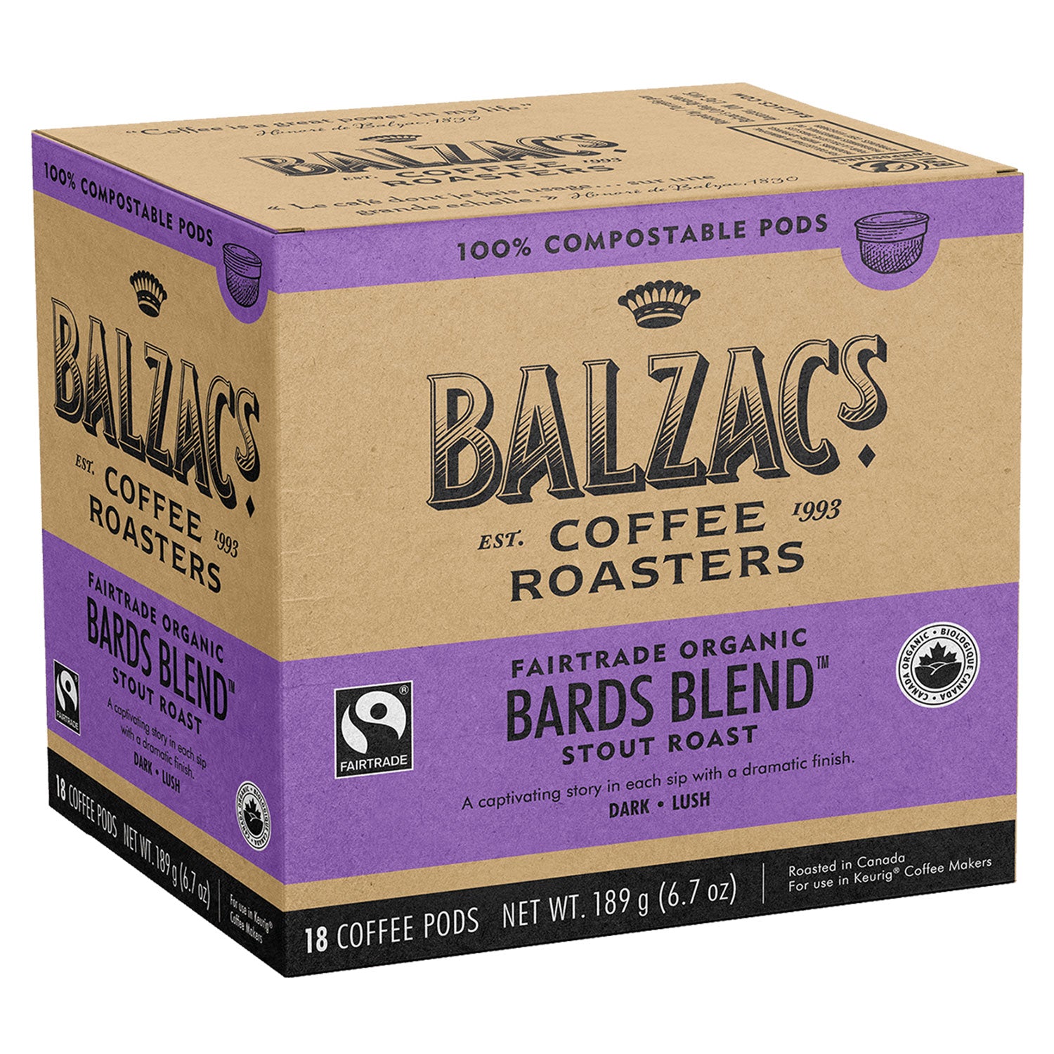 Balzac's Bard's Blend 100% Compostable Keurig® Coffee Pods, 18 Count - Eco-Friendly Single-Serve Coffee for Home, Office & Travel