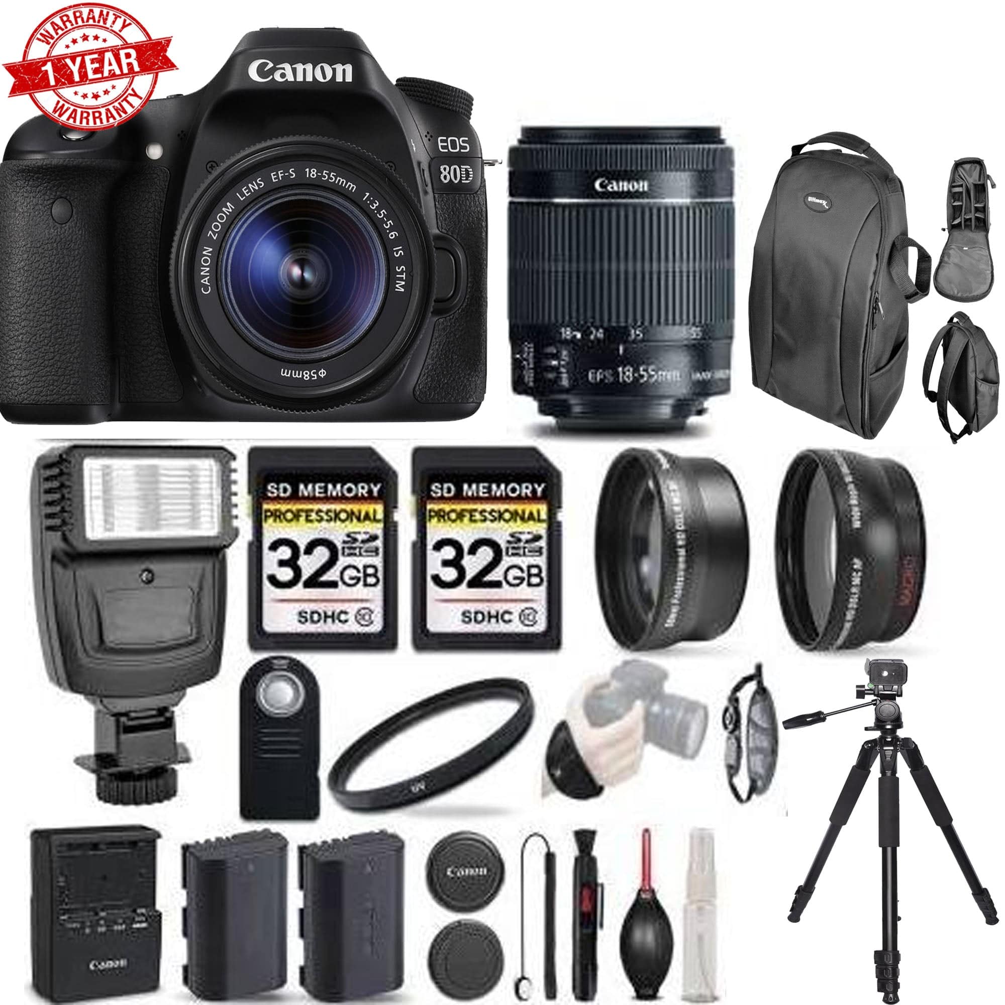 Canon EOS 80D Digital SLR Camera with 18-55mm STM Lens Kit - 64GB Memory Card & Accessories Included - Perfect for Photography, Vlogging & Travel