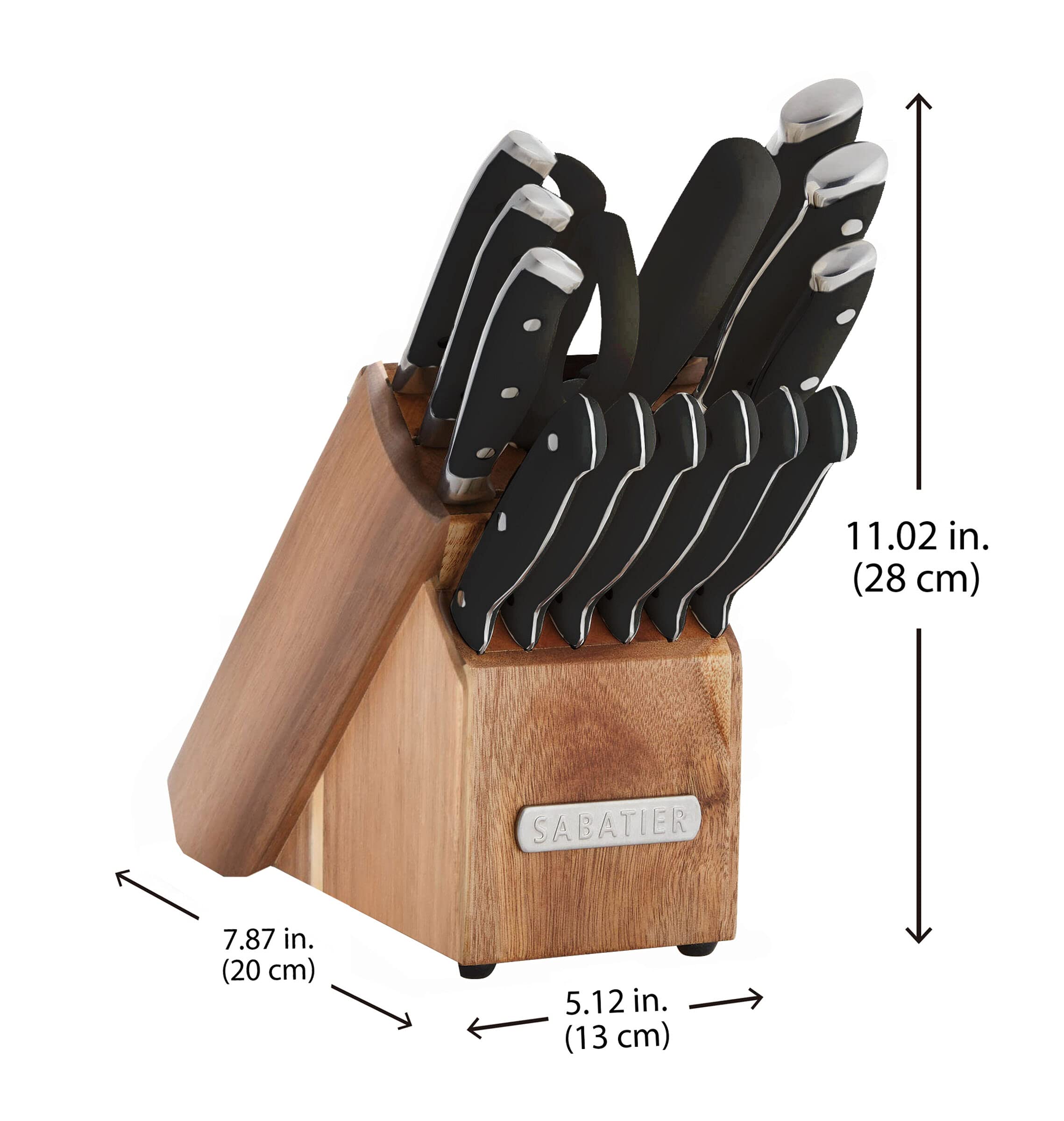 Sabatier 15-Piece Forged Knife Block Set - High-Carbon Stainless Steel Kitchen Knives with Triple Rivet Black Handles & Acacia Wood Block - Razor Sharp for Professional Chefs & Home Cooking