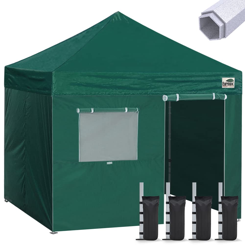 Eurmax USA Premium 10'x10' Pop-up Canopy Tent - Commercial Instant Shelter with Removable Sidewalls & Wheeled Carry Bag + 4 Sand Bags (Forest Green) - Perfect for Outdoor Parties, Farmers Markets, Beach Events & Camping