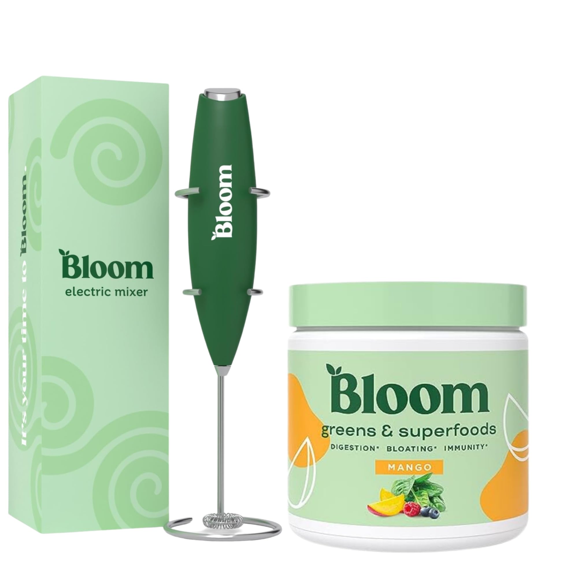 Bloom Nutrition Superfood Greens Powder with Digestive Enzymes, Probiotics & Prebiotics - Supports Gut Health, Reduces Bloating - Mango Flavor - Includes High-Powered Milk Frother Hand Mixer - Perfect for Smoothies, Shakes & Healthy Morning Routines