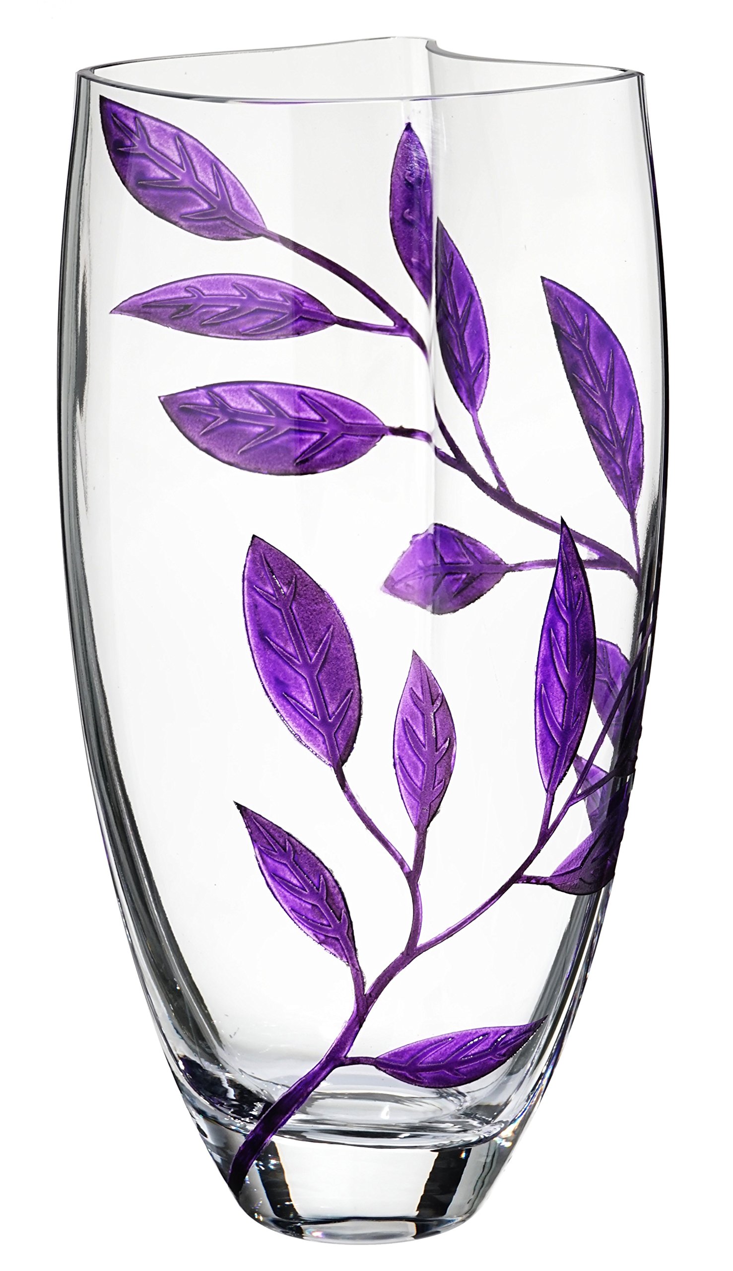 Luxury Hand Blown Glass Vase with Sandblasted Purple Leaves Design - 11.4 Inch (29cm) Clear Unique Shape Home Decor - Elegant Gift in Golden Box for Wedding, Anniversary & Living Room Decoration