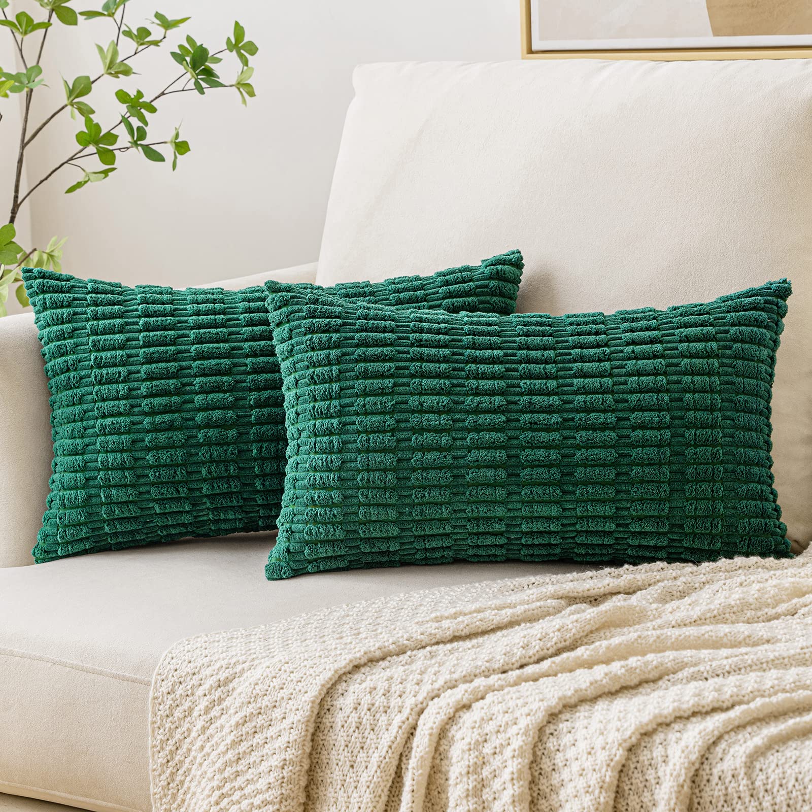 Woaboy 2-Pack Corduroy Decorative Throw Pillow Covers 12x20 Inch - Soft Boho Dark Green Couch Pillows for Modern Farmhouse Decor | Perfect for Sofa, Living Room & Bedroom Accents