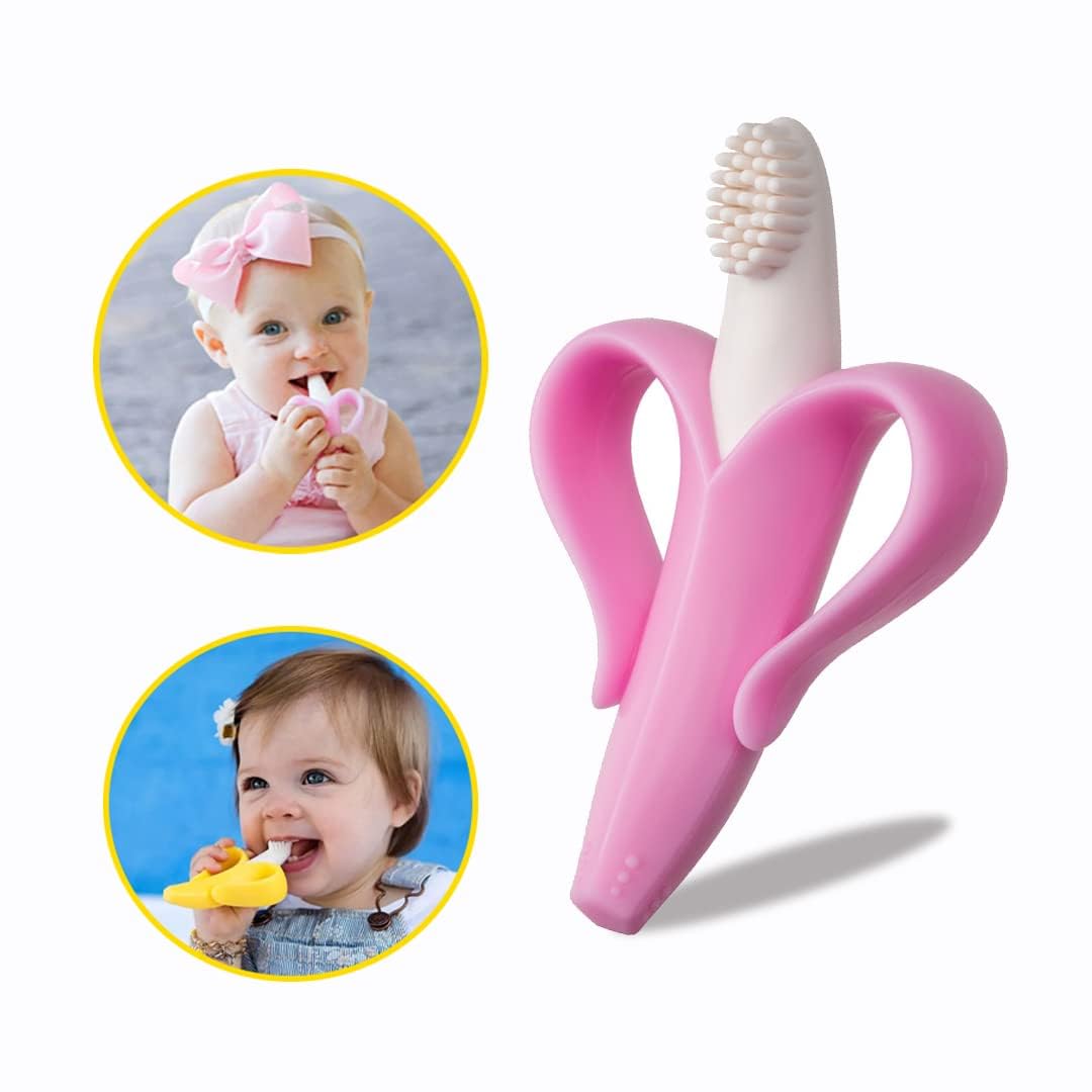 Kritiu Banana-Shaped Baby Teething Brush & Rattle Nibbler Set - Soft Silicone Teether Toy for Infants | BPA-Free, Non-Toxic, Easy to Clean | Perfect for Soothing Sore Gums & Early Oral Development (Peach & Purple) | Ideal for Home, Travel & Daycare Use