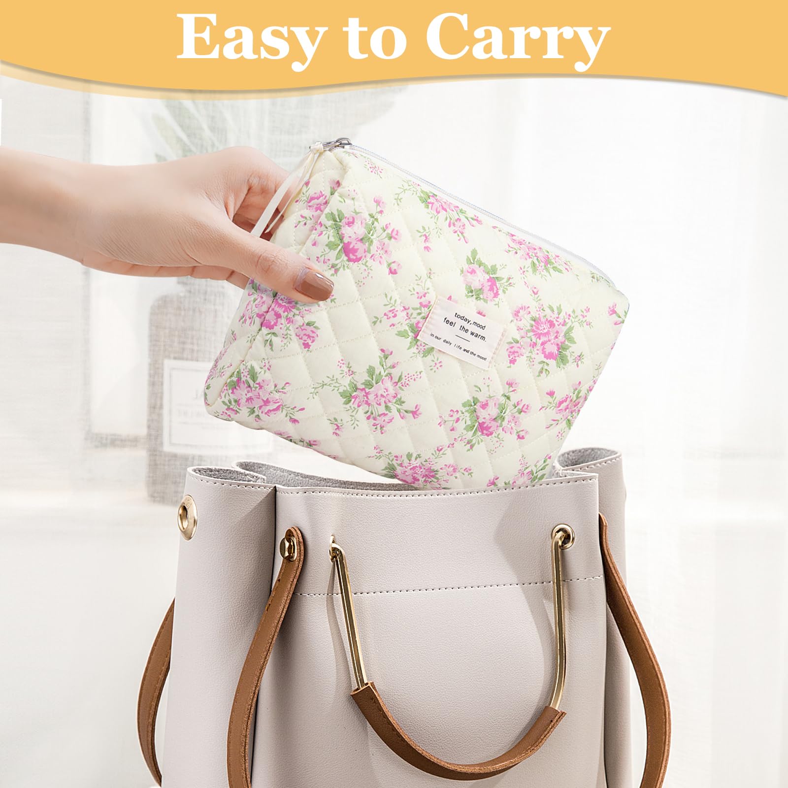Floral Makeup Bag for Women & Girls | Cute Cotton Quilted Cosmetic Bag | Travel Toiletry Organizer with Flower Design (Pink) - Perfect for Travel, Gym & Daily Essentials Storage