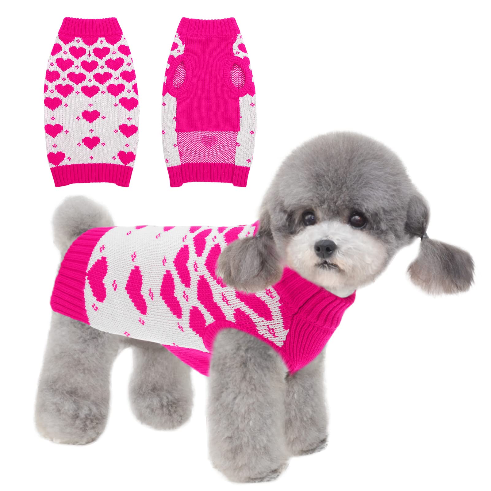 KOESON Dog Sweater for Small & Medium Dogs - Warm Winter Knit Pullover with Turtleneck & Heart Pattern (Pink XS) | Cozy Pet Jumper for Cats & Dogs | Perfect for Cold Weather Walks & Indoor Comfort