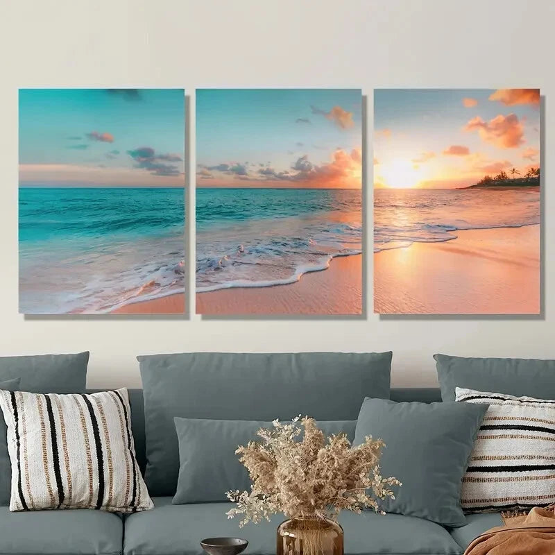 3-Piece Sunrise Coast Beach Blue Sea Nordic Metal Wall Art Prints - Ready to Hang Coastal Decor for Living Room, Bedroom & Office