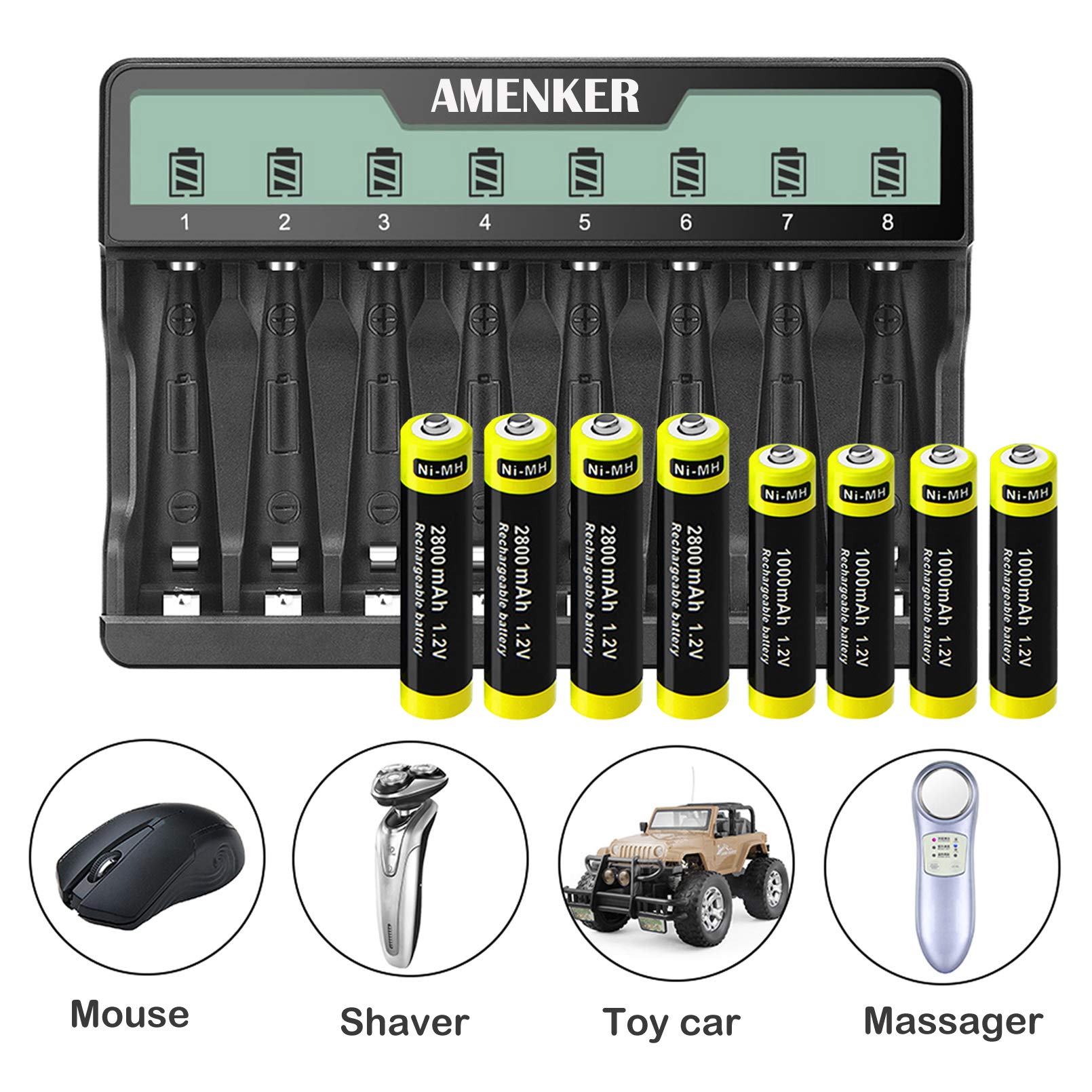 8 Bay AA AAA Battery Charger - Fast USB Charging for Ni-MH Rechargeable Batteries 1.2V with Independent Slots & USB Cable | Perfect for Cameras, Toys, Flashlights & Home Electronics (Battery Not Included)