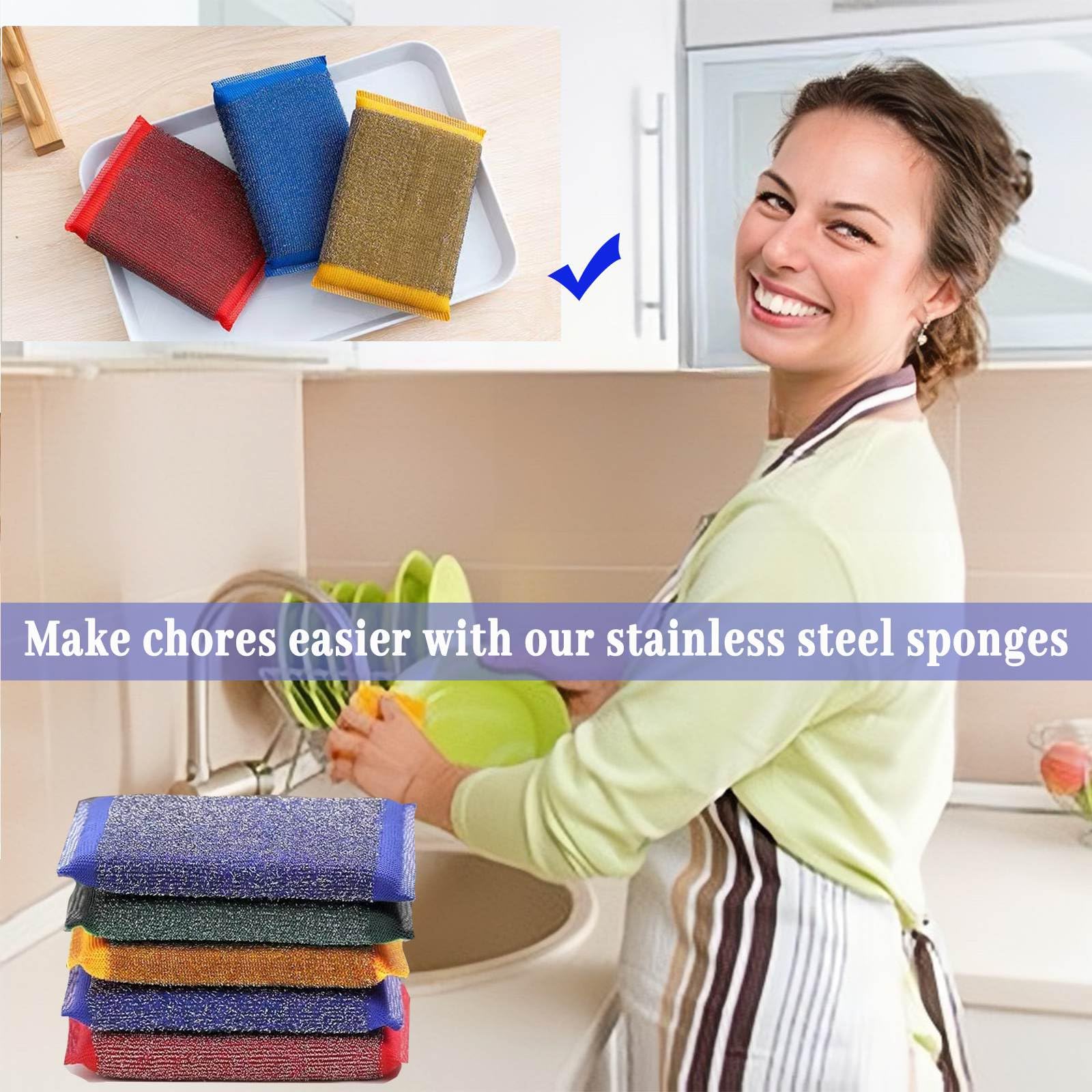 Premium Steel Wool Sponges for Kitchen Cleaning - 6 Pack Non-Scratch Microfiber Scrub Pads for Pots, Pans & Dishes | Heavy Duty Dish Sponges for Stubborn Stains & Grease Removal | Perfect for Daily Kitchen Cleaning & Cookware Maintenance