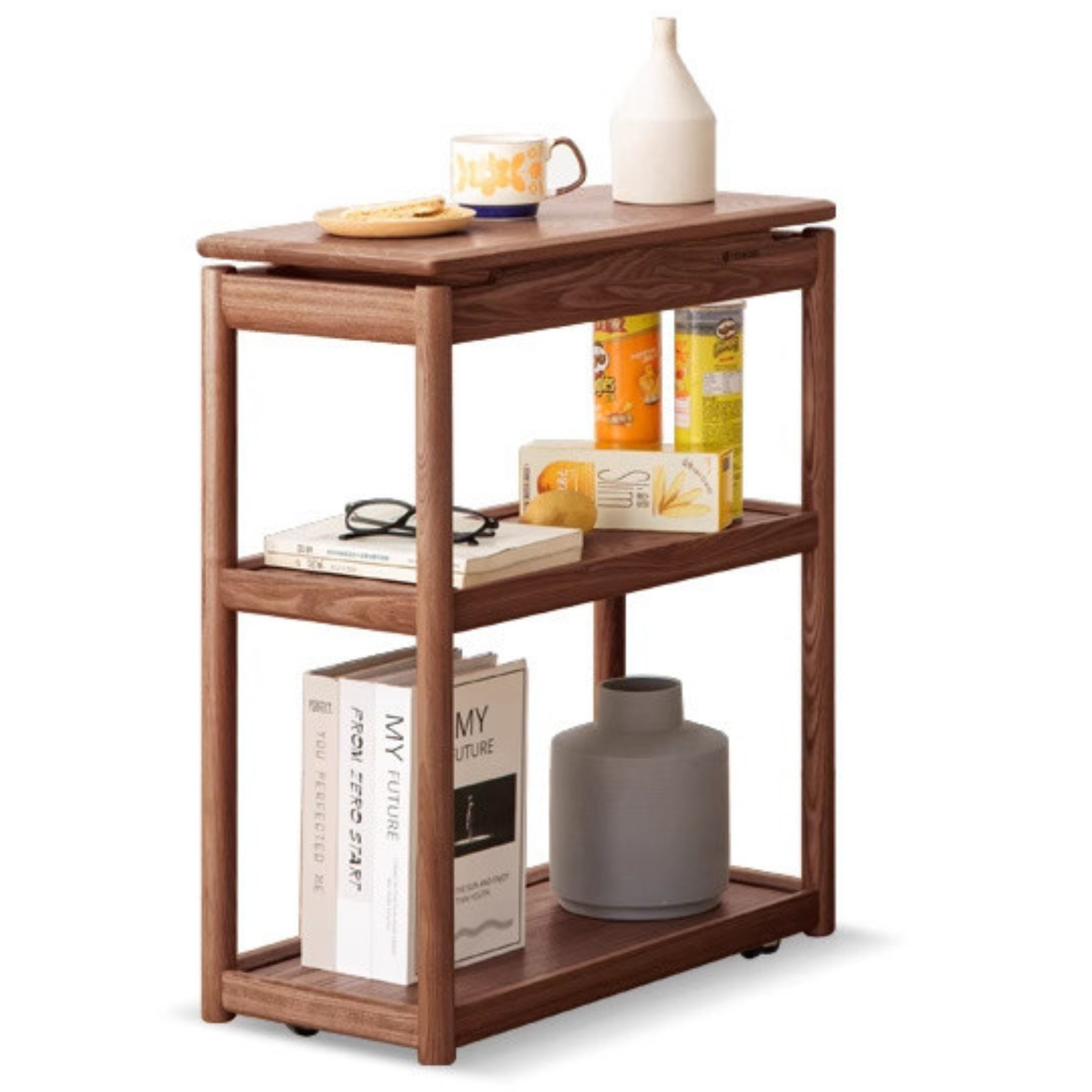Solid Oak and Ash Wood Mobile Side Table - Portable End Table for Living Room, Bedroom, or Outdoor Use