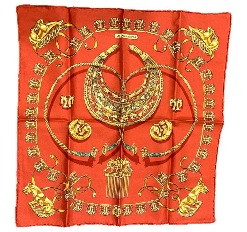 Authentic Hermes Les Cavaliers D'or Vintage 45cm Silk Scarf - Rare Collectible Luxury Scarf for Women, Perfect for Gift, Fashion Accessory & Special Occasions