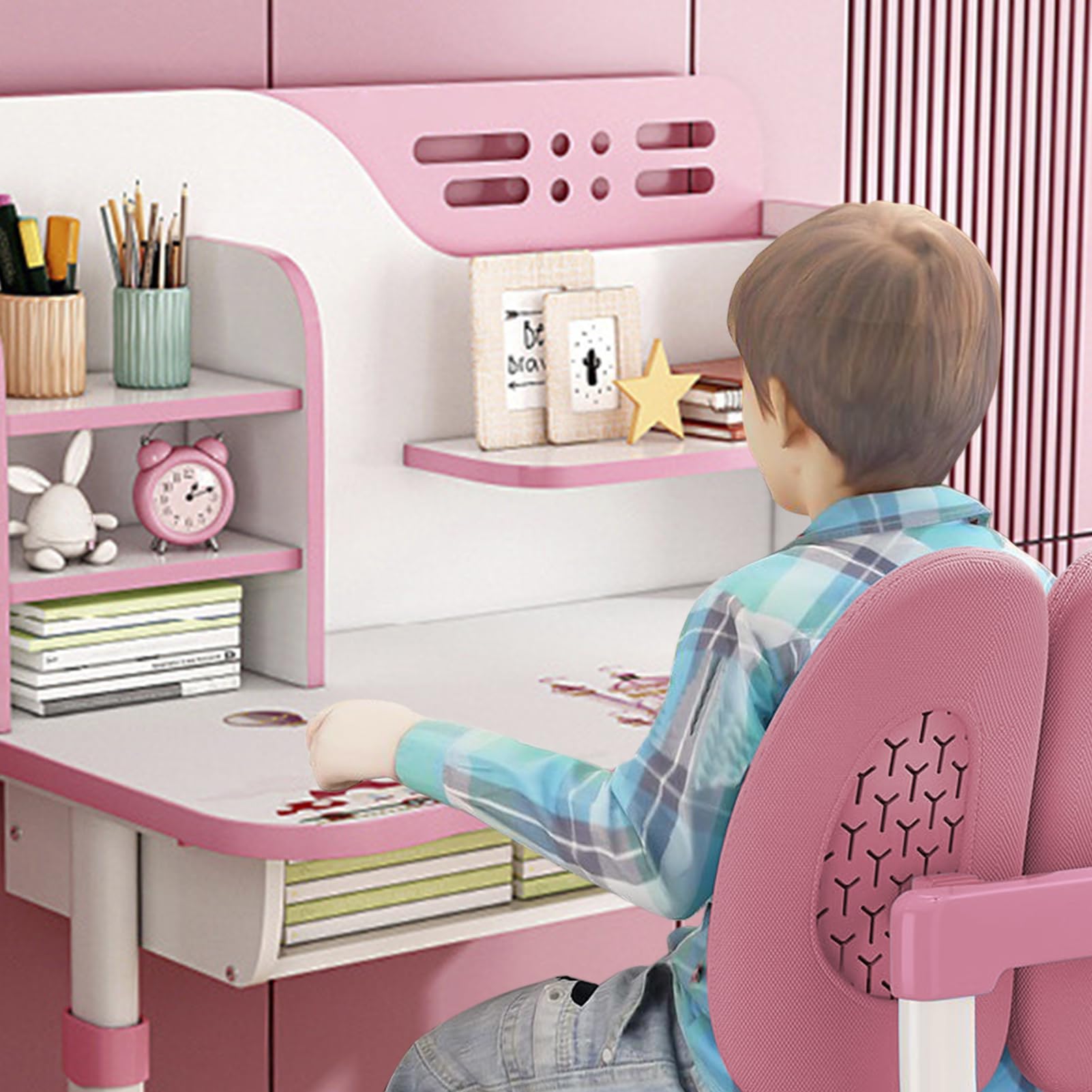 2Pcs Adjustable Height Kids Study Desk and Chair Set with Astronaut Design & Storage Drawer - Ergonomic Children's Furniture for Homework, Drawing & Play (Pink) - Perfect for Bedroom, Study Room & Homeschooling