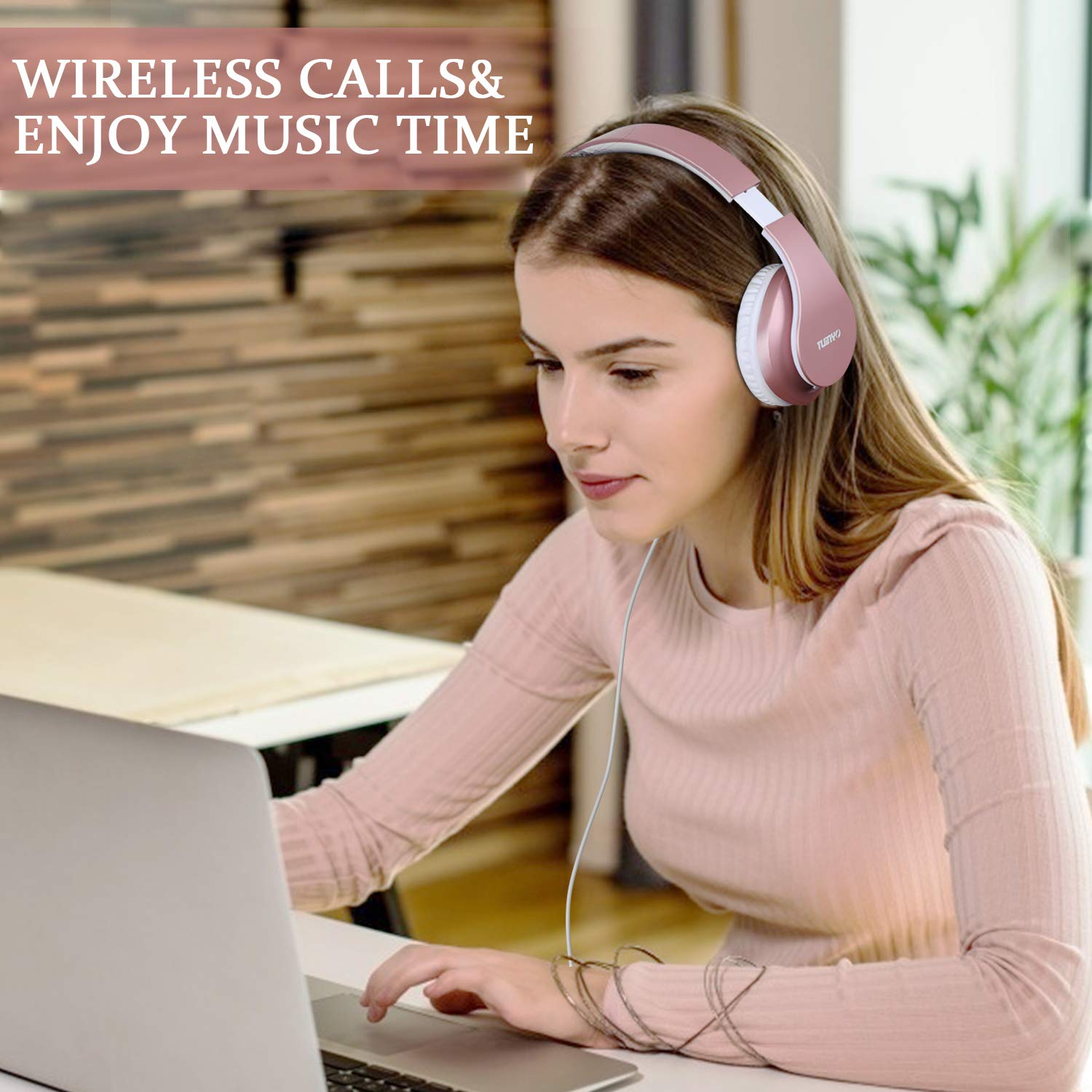 TUINYO Wireless Over-Ear Headphones with Microphone, Bluetooth 5.0, Foldable Design, Hi-Fi Stereo Sound, 30H Playtime - Rose Gold for Work, Travel & Gaming