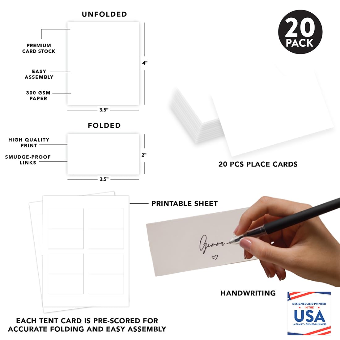 Printable Andaz Press Table Tent Place Cards - 20-Pack Blank White Seat Placement Name Cards for Wedding, Bridal Shower, Graduation & Events | Perfect for Table Settings, Food Labels & Party Decorations