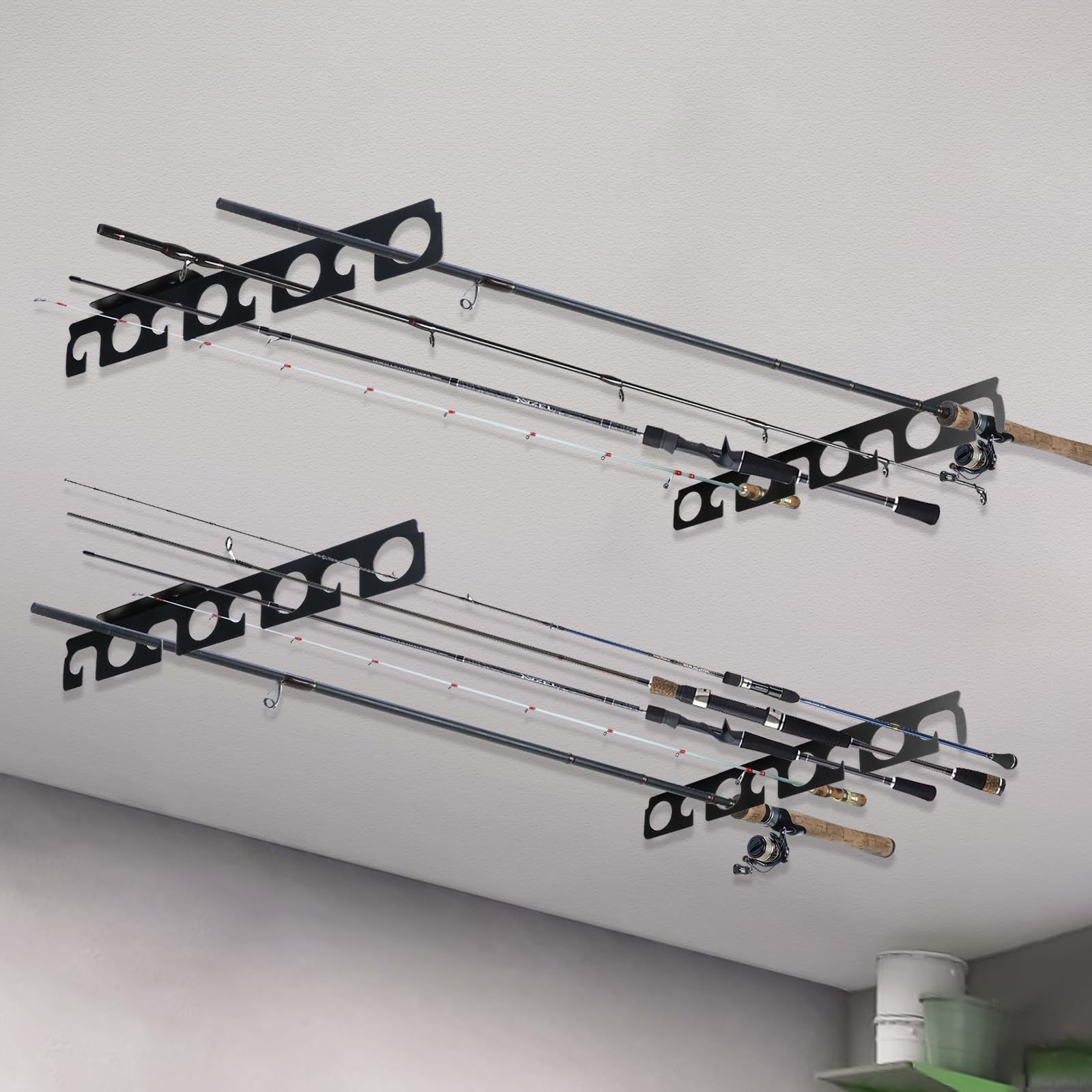 4-Set Wall Mount Fishing Rod Holder Rack - Holds 16 Rods, Horizontal Garage Storage for Fishing Gear, Ice Fishing Equipment - Perfect Gift for Anglers & Men (Black) | Ideal for Garage Organization, Boat Storage & Fishing Enthusiasts