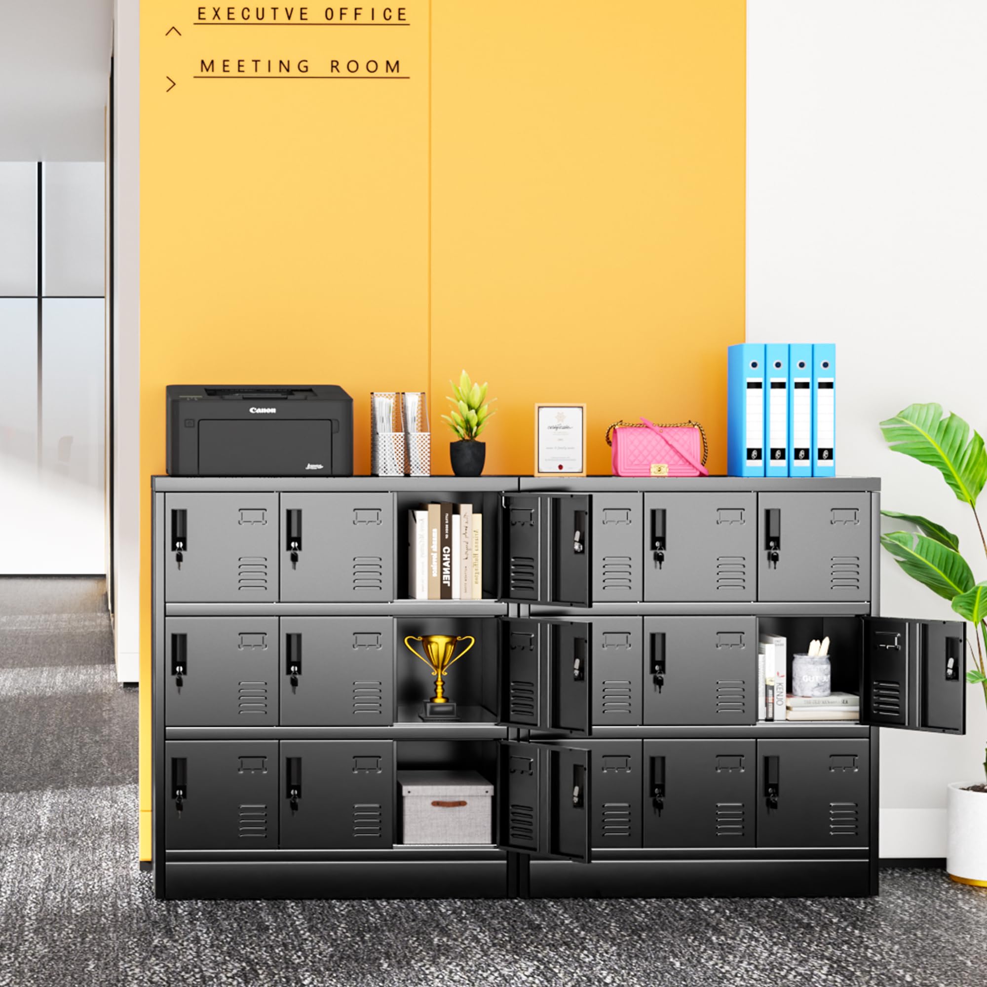 Greenvelly 9-Door Metal Locker with Keys - 3-Tier Steel Storage Locker with Card Slots & Ventilation for Gym, School, Office, Kids Room - Secure Employee Lockers (Black) - Perfect for Gym Equipment Storage, School Changing Rooms & Office Document Organization