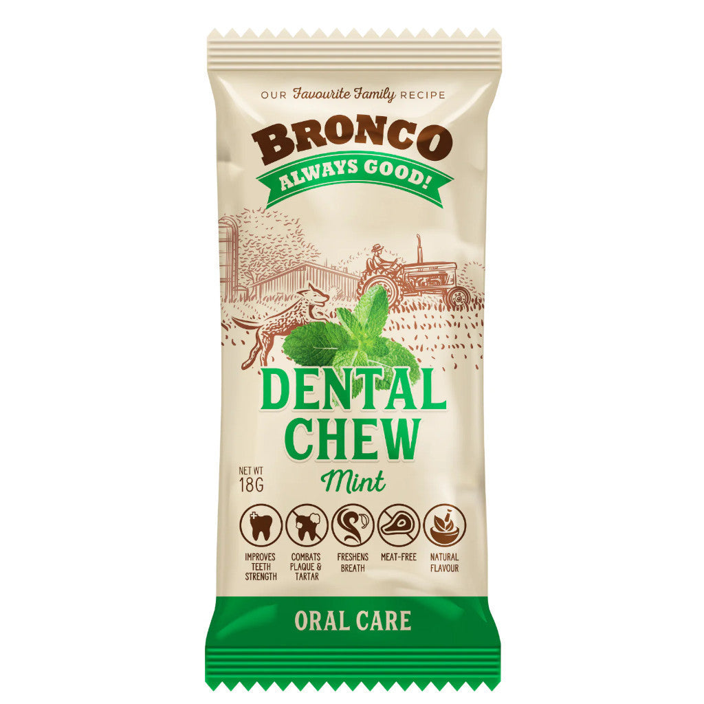 Bronco Dental Chew 18g - Natural Dog Teeth Cleaning Treats for Plaque & Tartar Control, Improves Oral Health & Bone Strength, Meat-Free Healthy Snacks for Small & Medium Dogs - Perfect for Daily Dental Care & Training Rewards