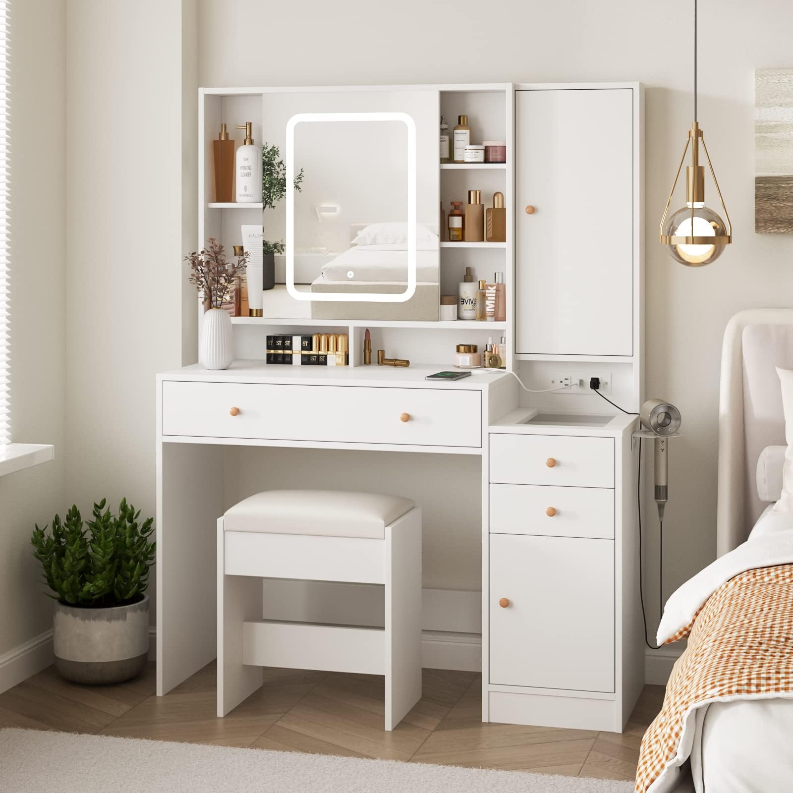 White Vanity Desk with Mirror & LED Lights - Makeup Vanity Table with 3 Drawers, Storage Cabinets, Charging Station & Sliding Door - Perfect for Bedroom, Dressing Room & Home Office Organization