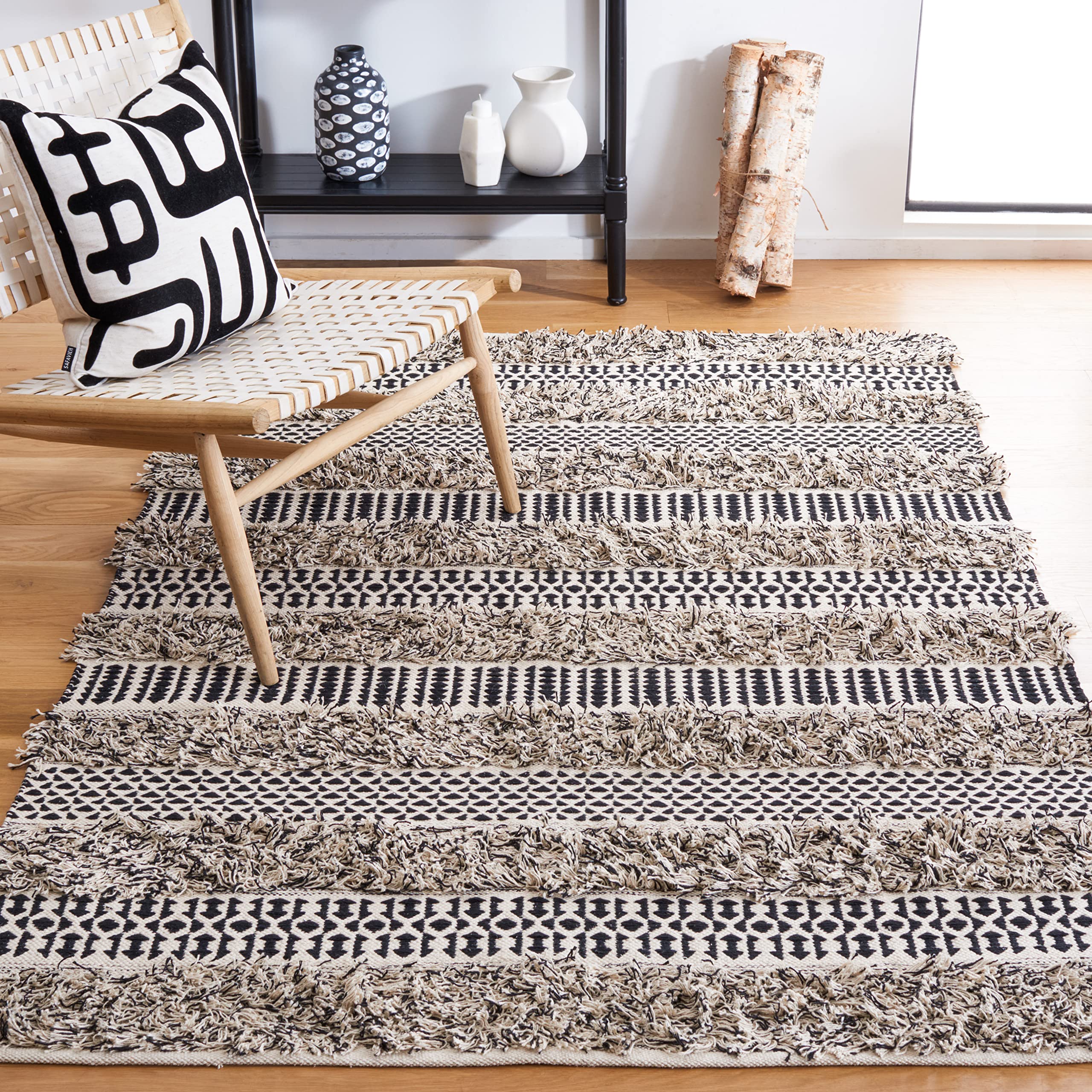 SAFAVIEH Natura Collection 6' Square Black Ivory Cotton Area Rug - Soft Flatweave for Living Room, Dining Room, Bedroom & Home Decor