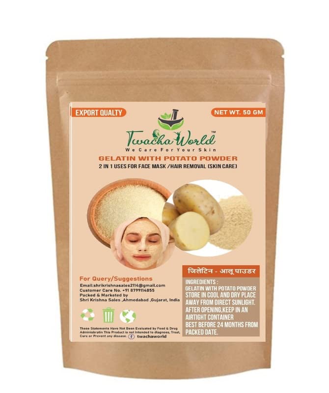 Twacha World 2-in-1 Gelatin with Potato Powder for DIY Peel Off Face Mask & Hair Removal (50g) - Natural Skin Care & Smooth Hair-Free Skin for Home Spa Treatments