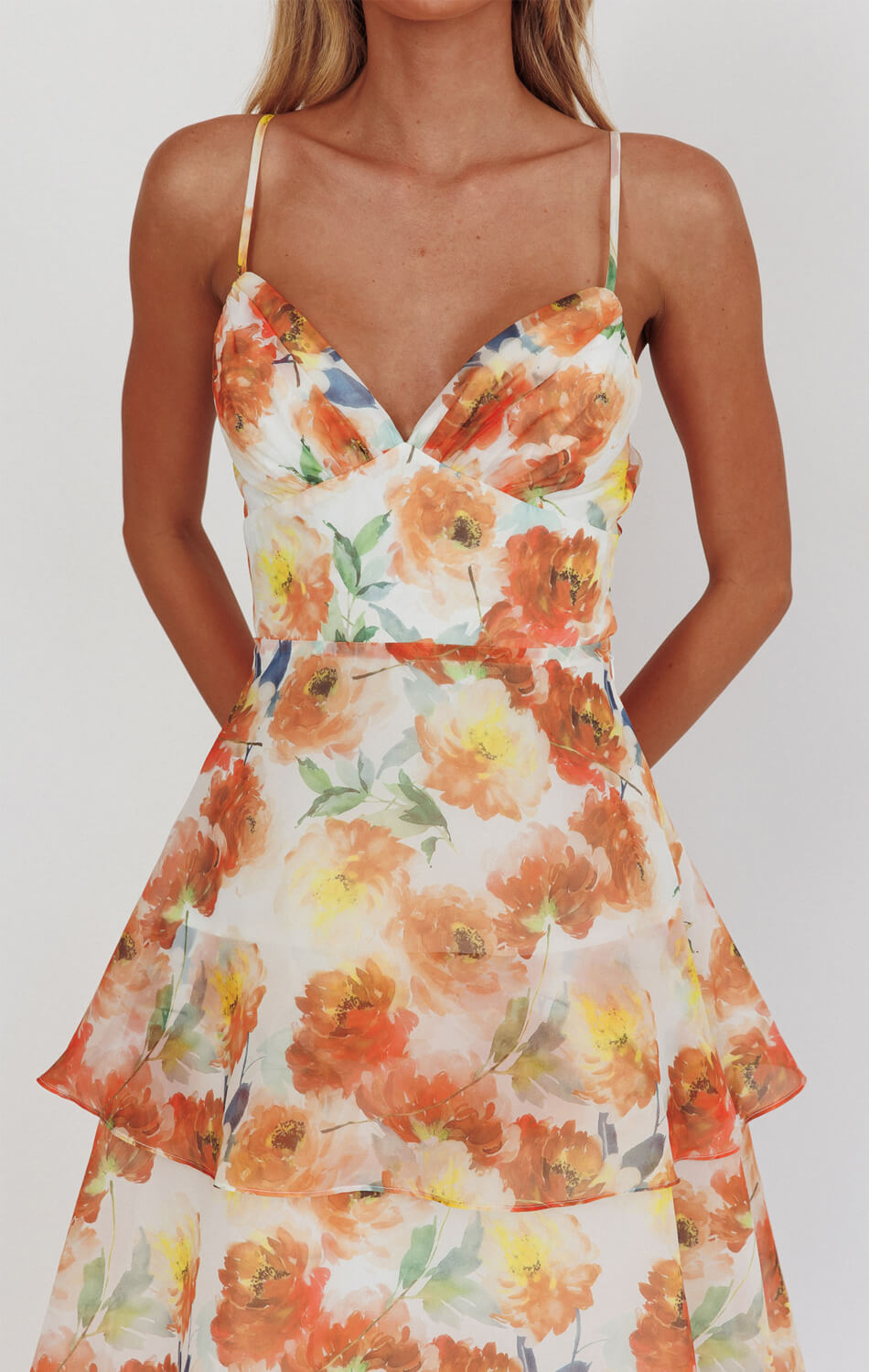 Makenna Maxi Dress - Orange Floral Organza Tiered Summer Dress for Women | Beach Wedding, Vacation & Party Wear