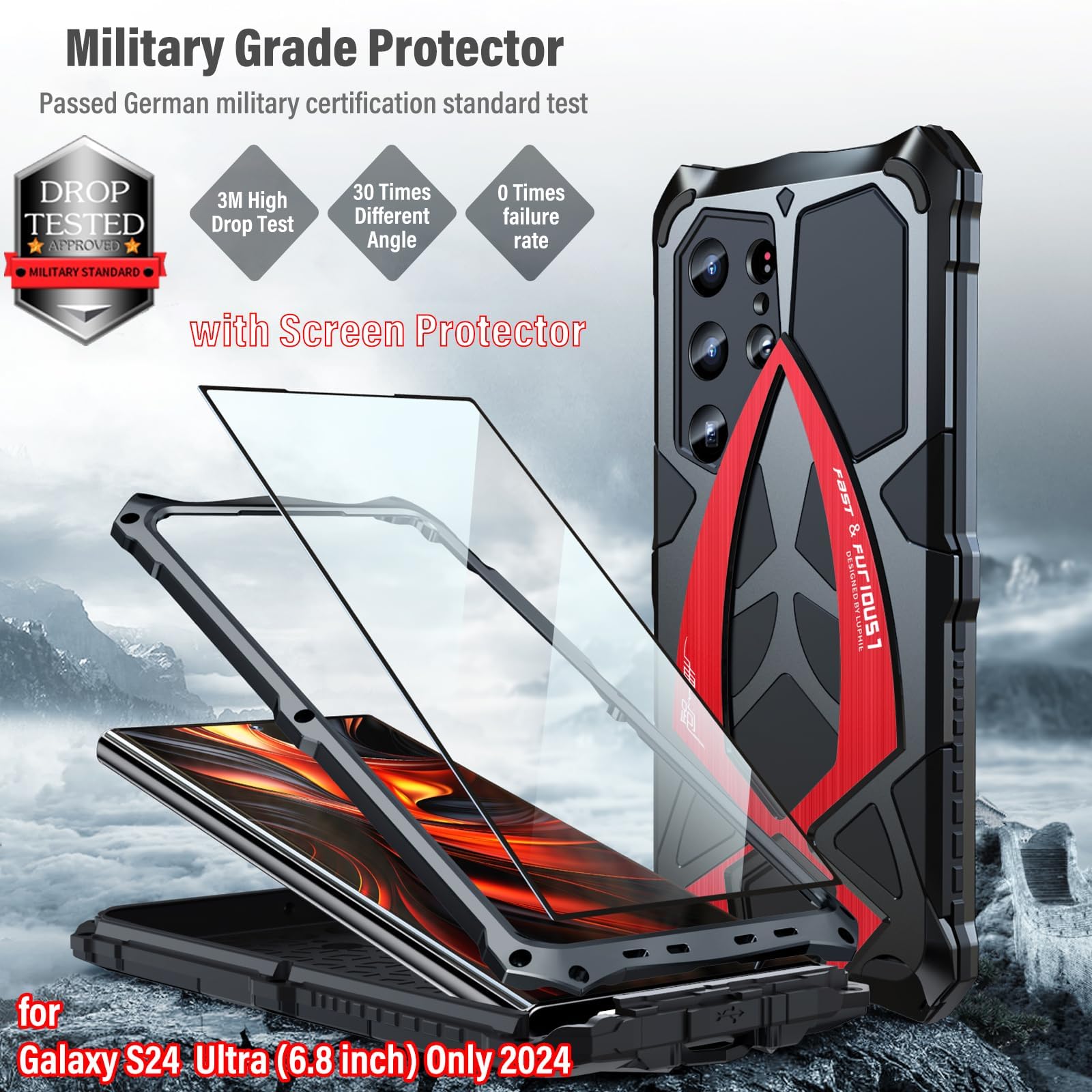 **Military Grade Shockproof Phone Case for Samsung Galaxy S24 Ultra 5G - Heavy Duty Hybrid Metal Bumper with Built-in Silicone, Drop & Dust Protection (Black) - Perfect for Outdoor, Work & Travel**