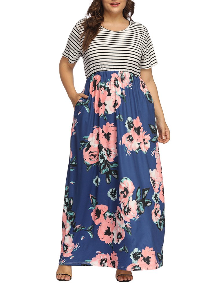 ALLEGRACE Plus Size Floral Print Maxi Dress for Women - Elegant Casual Summer & Fall Dresses with Pockets | Perfect for Beach Vacations, Date Nights & Office Wear