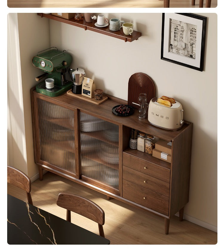 Modern Solid Wood Sideboard with Glass - Black Walnut & Oak - Perfect for Living Room, Dining Room, or Entryway Storage