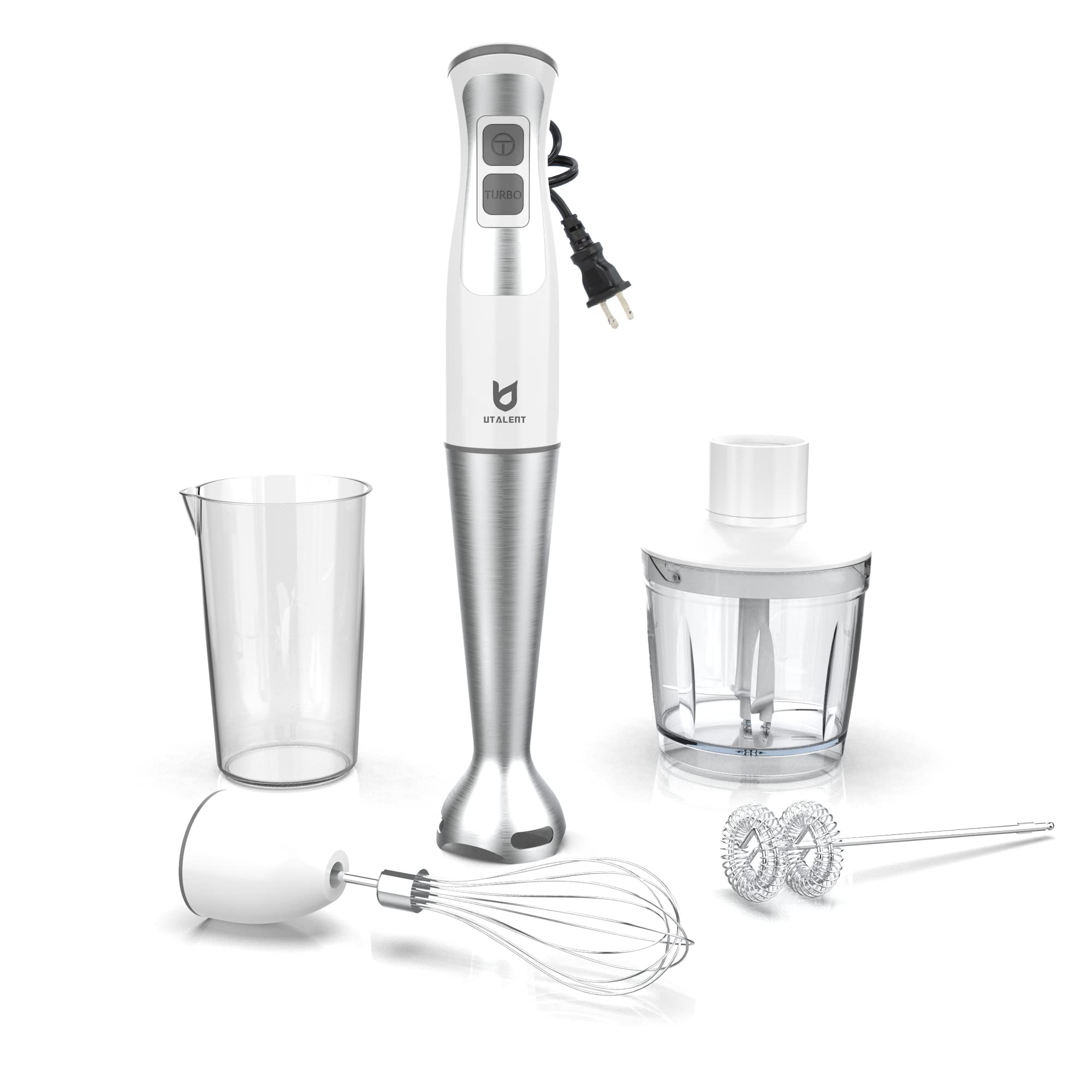 UTALENT 5-in-1 Immersion Hand Blender with 8-Speed Control, 500ml Food Grinder & 600ml Container - White | Perfect for Making Smoothies, Baby Food, Sauces, Soups & Milk Frothing | Ideal for Kitchen, Baby Care & Healthy Cooking