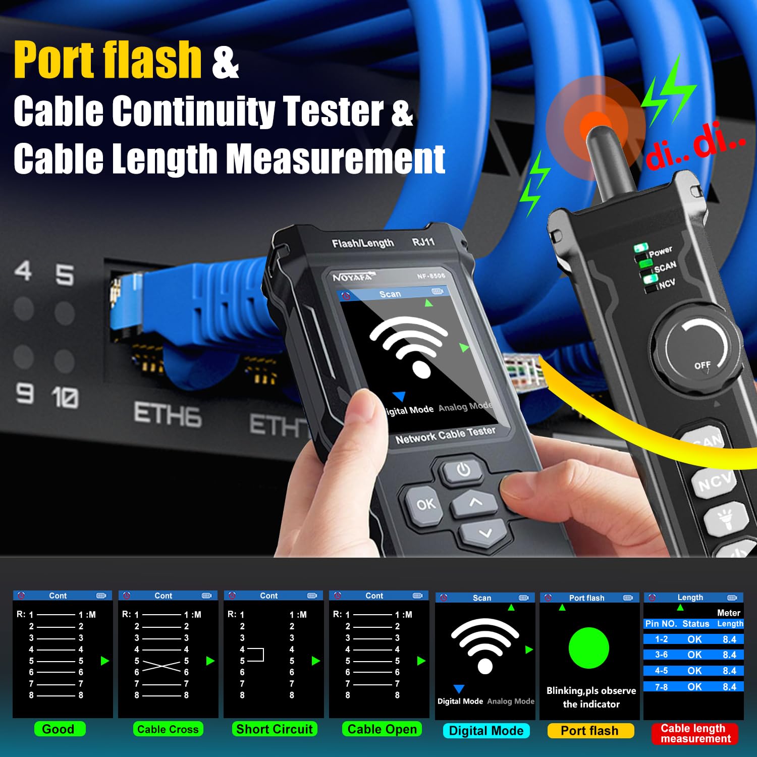 NOYAFA NF-8506 Professional Network Cable Tester with IP Scanner, Network Speed Test, NCV, POE, Ping & TDR for CAT5/CAT6 - RJ11/RJ45 LAN Ethernet Cable Tester & Telephone Wire Finder - Perfect for IT Technicians, Network Installations & Home Office Setup